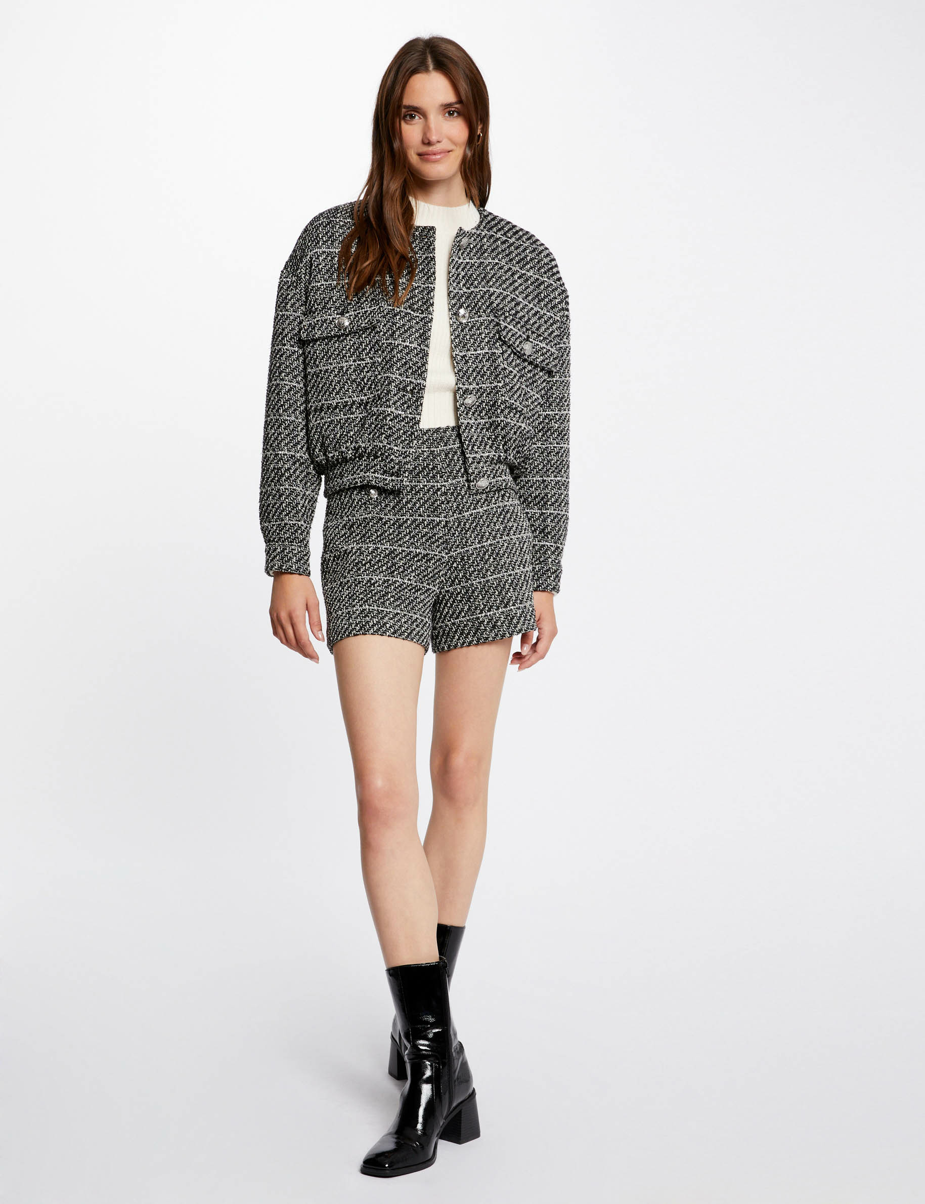 Short recto con hilos metalizados negro mujer