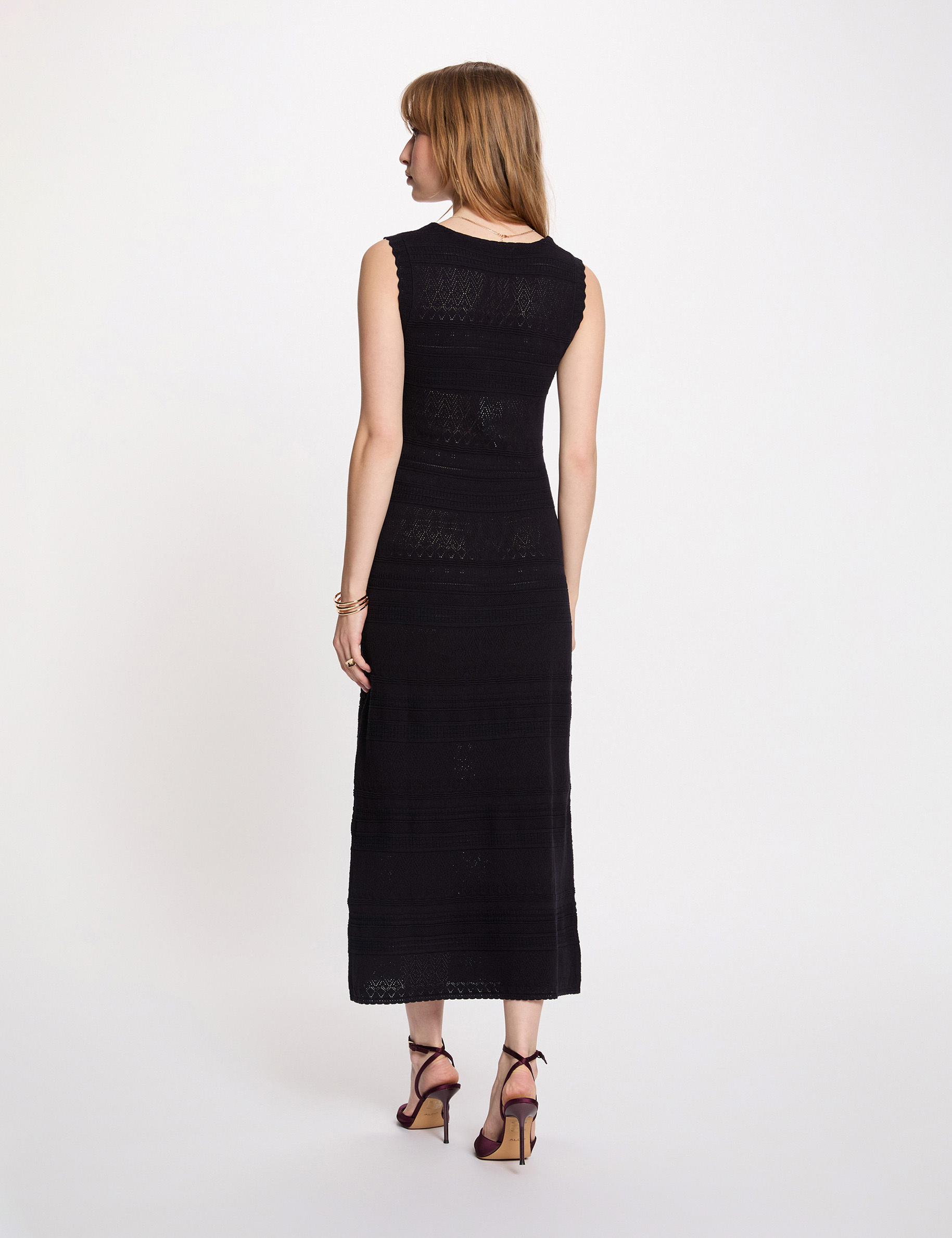 Vestido de punto con volante y cuello v azul marino mujer