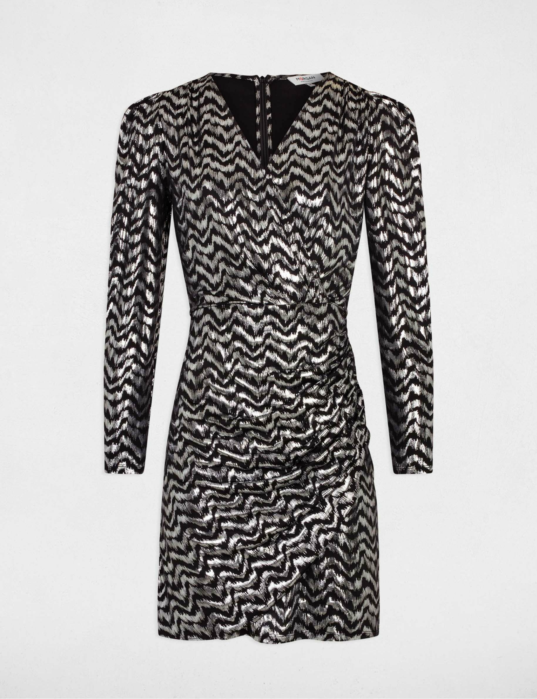 Vestido ajustado drapeado estampado negro mujer