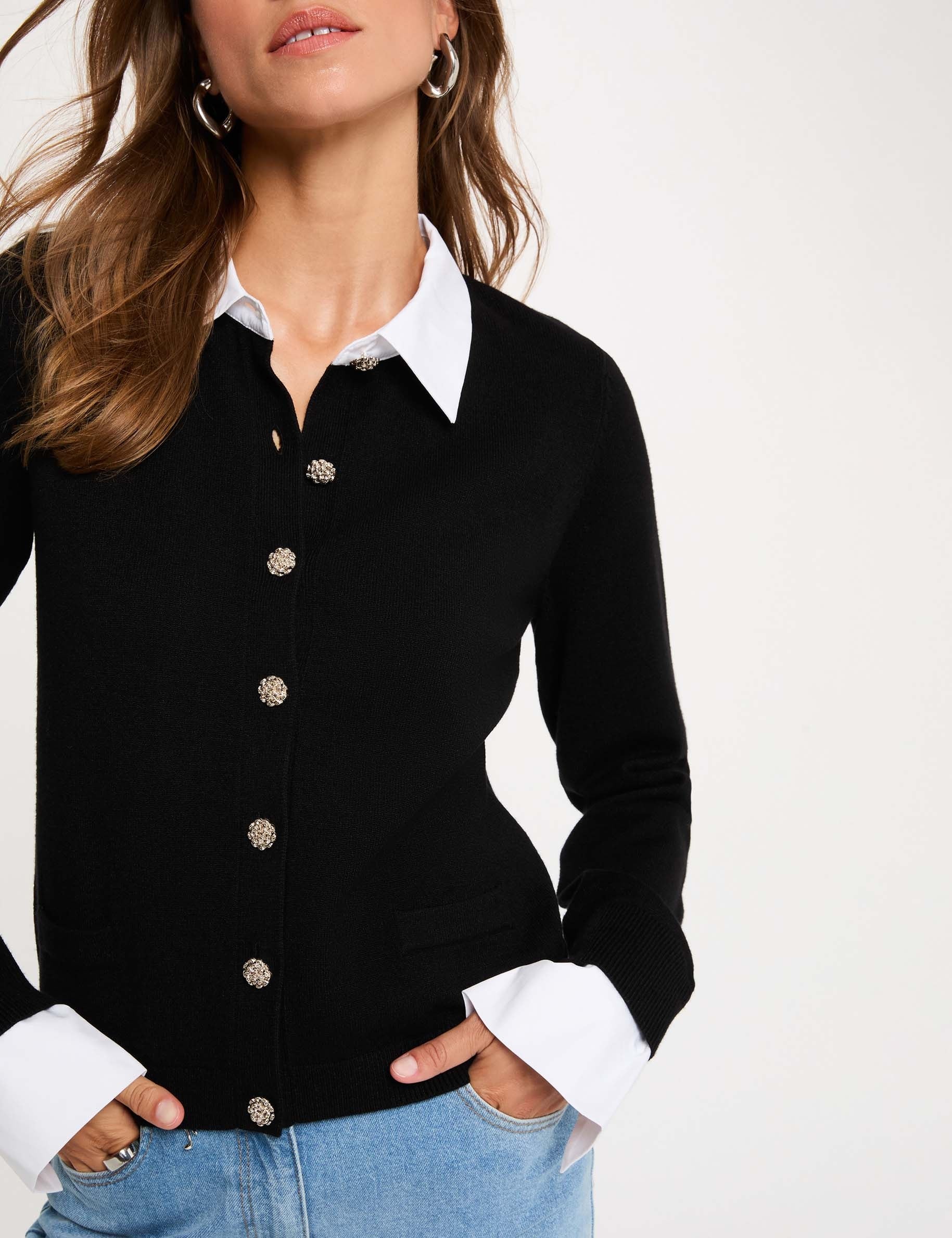 C&aacute;rdigan con cuello de camisa negro mujer