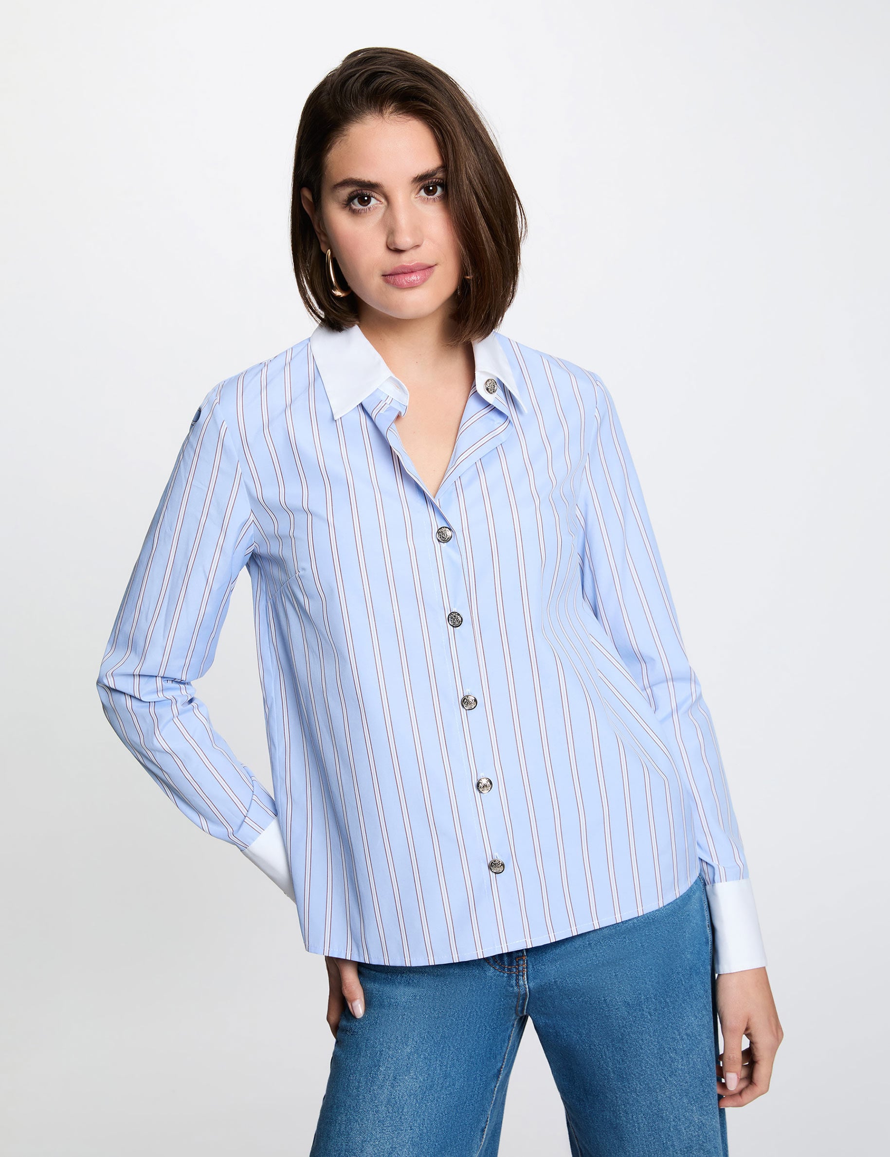Camisa de rayas con cuello contrastado azul cielo mujer