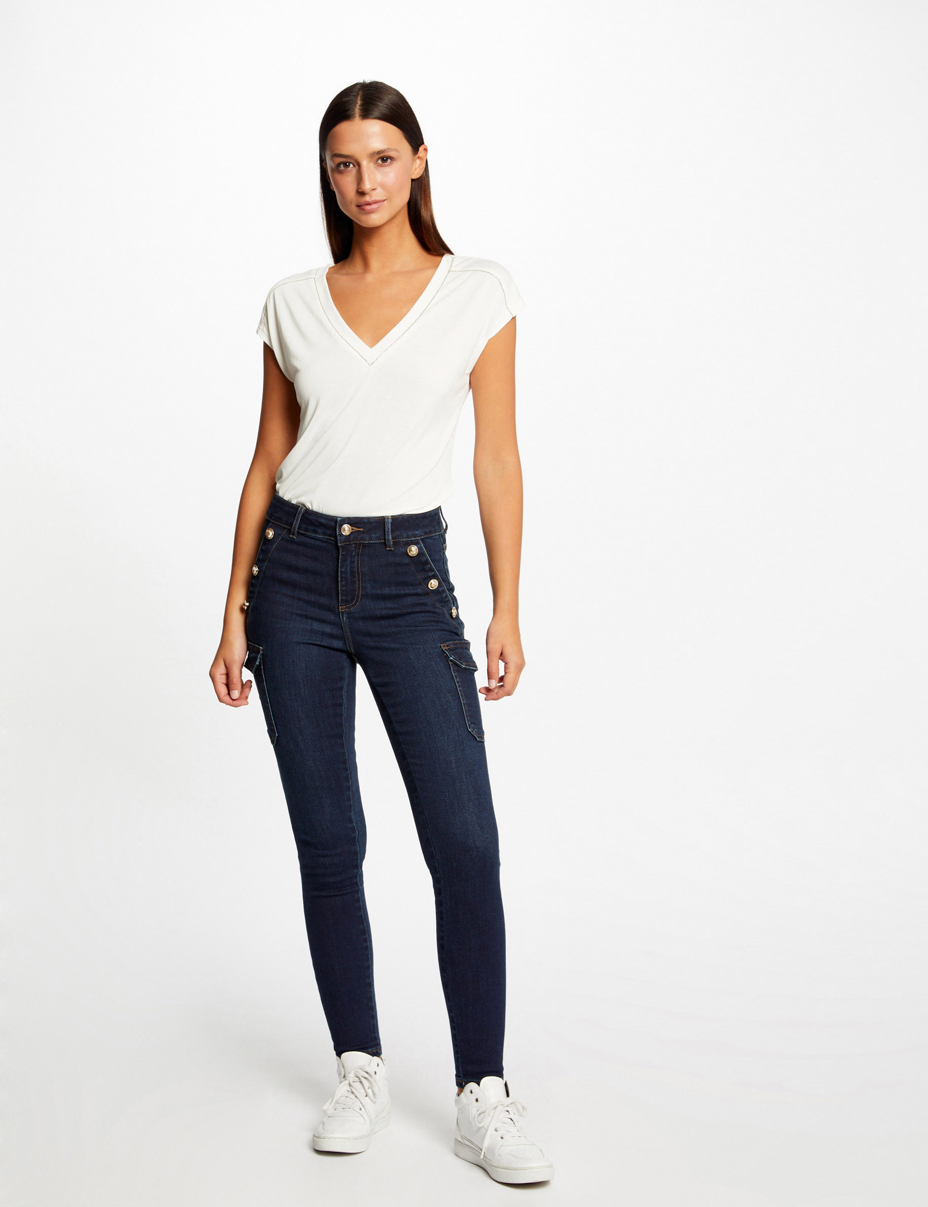 vaquero cargo skinny con botones vaquero en bruto mujer Vaquero cargo skinny con botones vaquero en bruto mujer