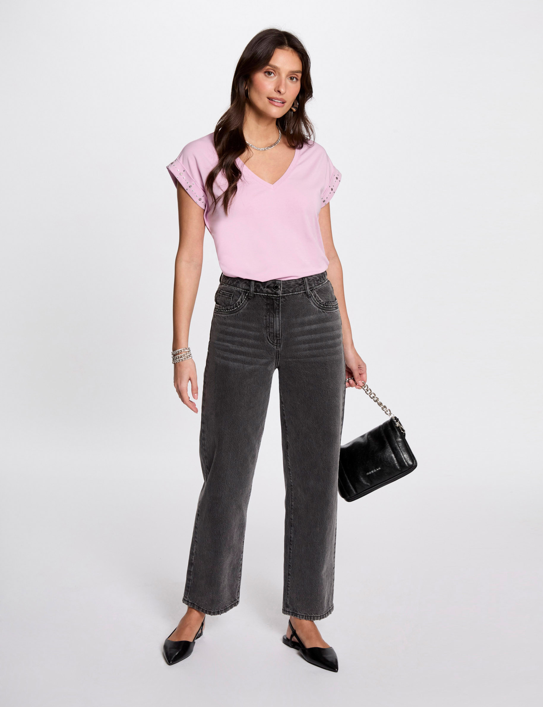 Camiseta manga corta tachuelas rosa pastel mujer