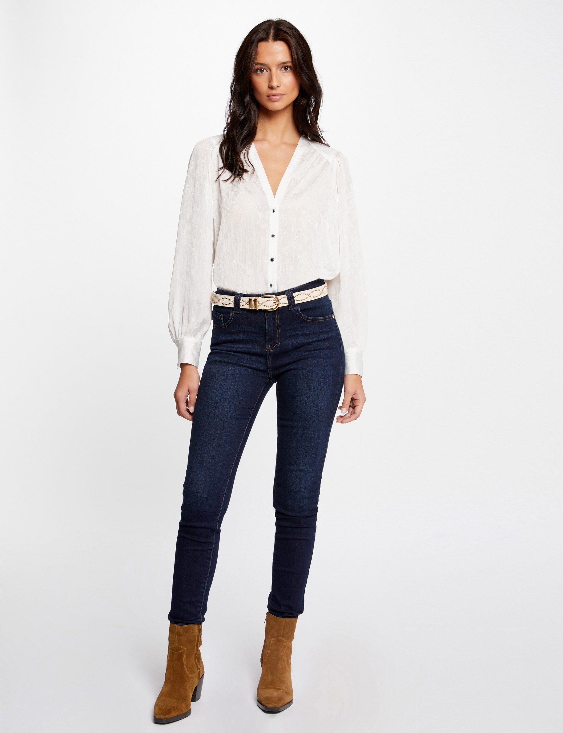 Camisa manga larga con escote en V crudo mujer