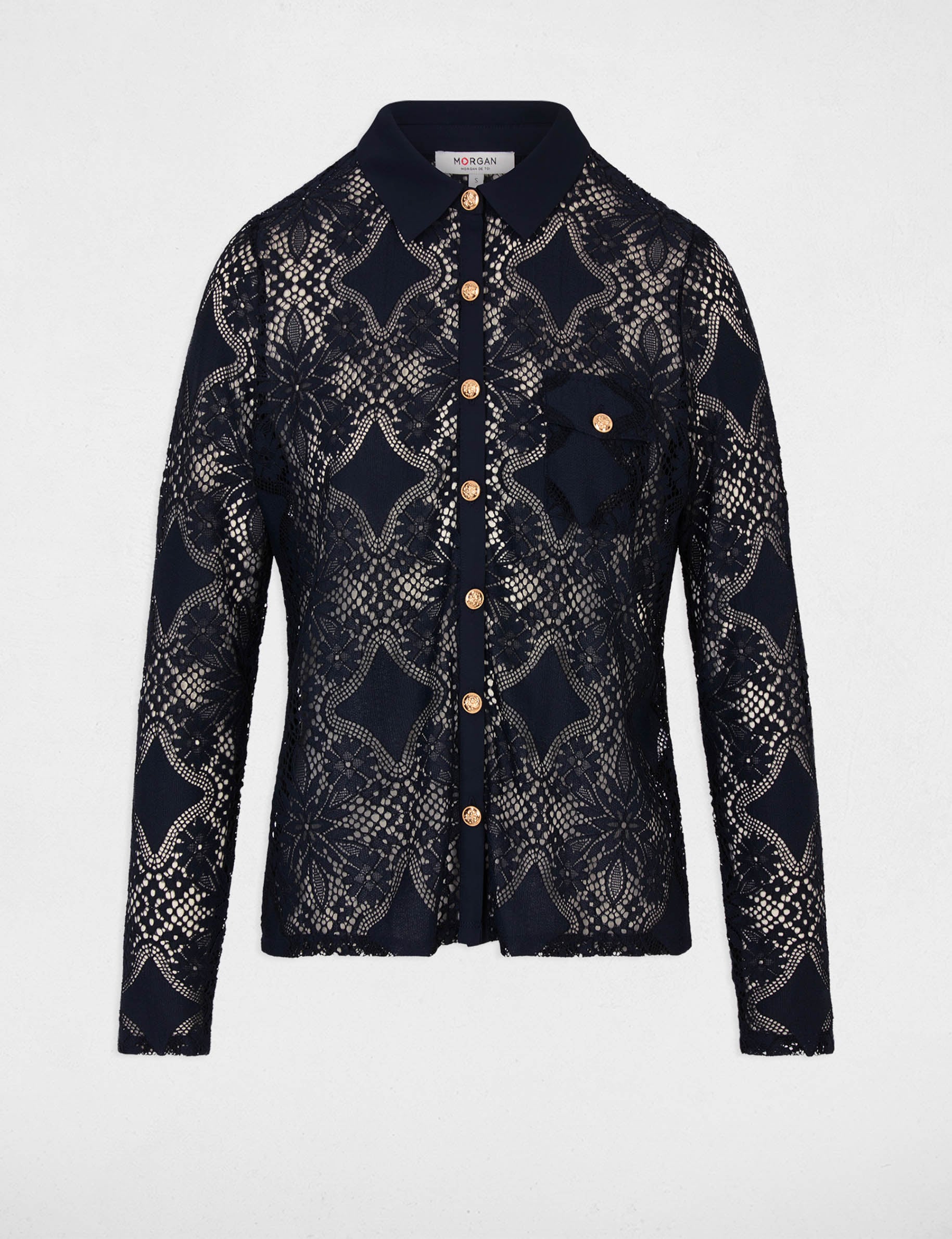 Camisa de encaje con cuello vuelto azul marino mujer