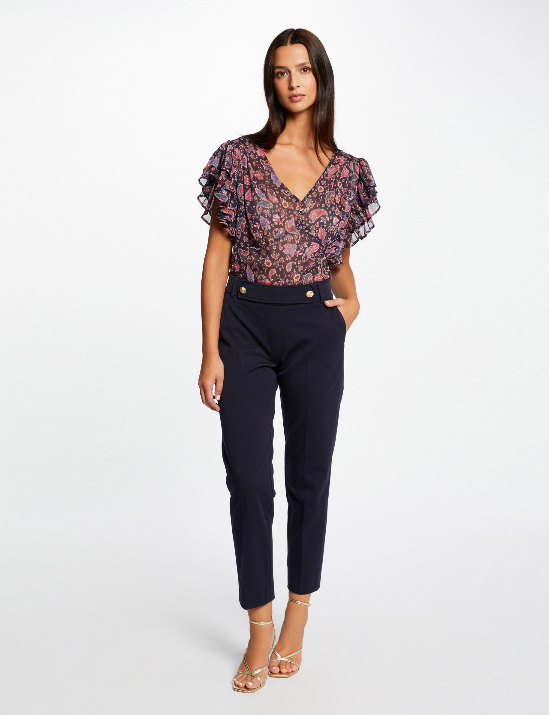 blusa manga corta estampado cachemira marino mujer Blusa manga corta estampado cachemira marino mujer