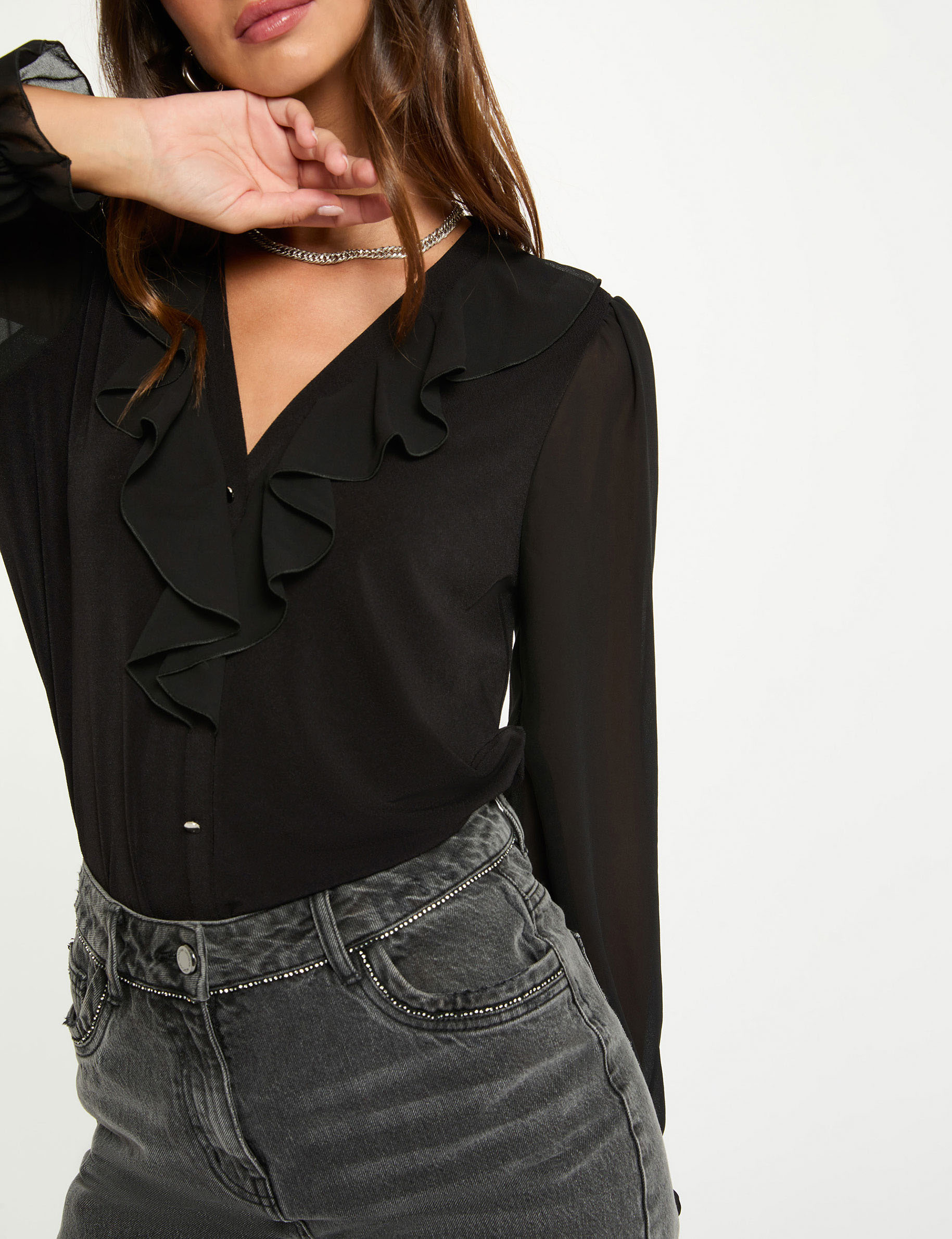 Camiseta de gasa con cuello en v negro mujer