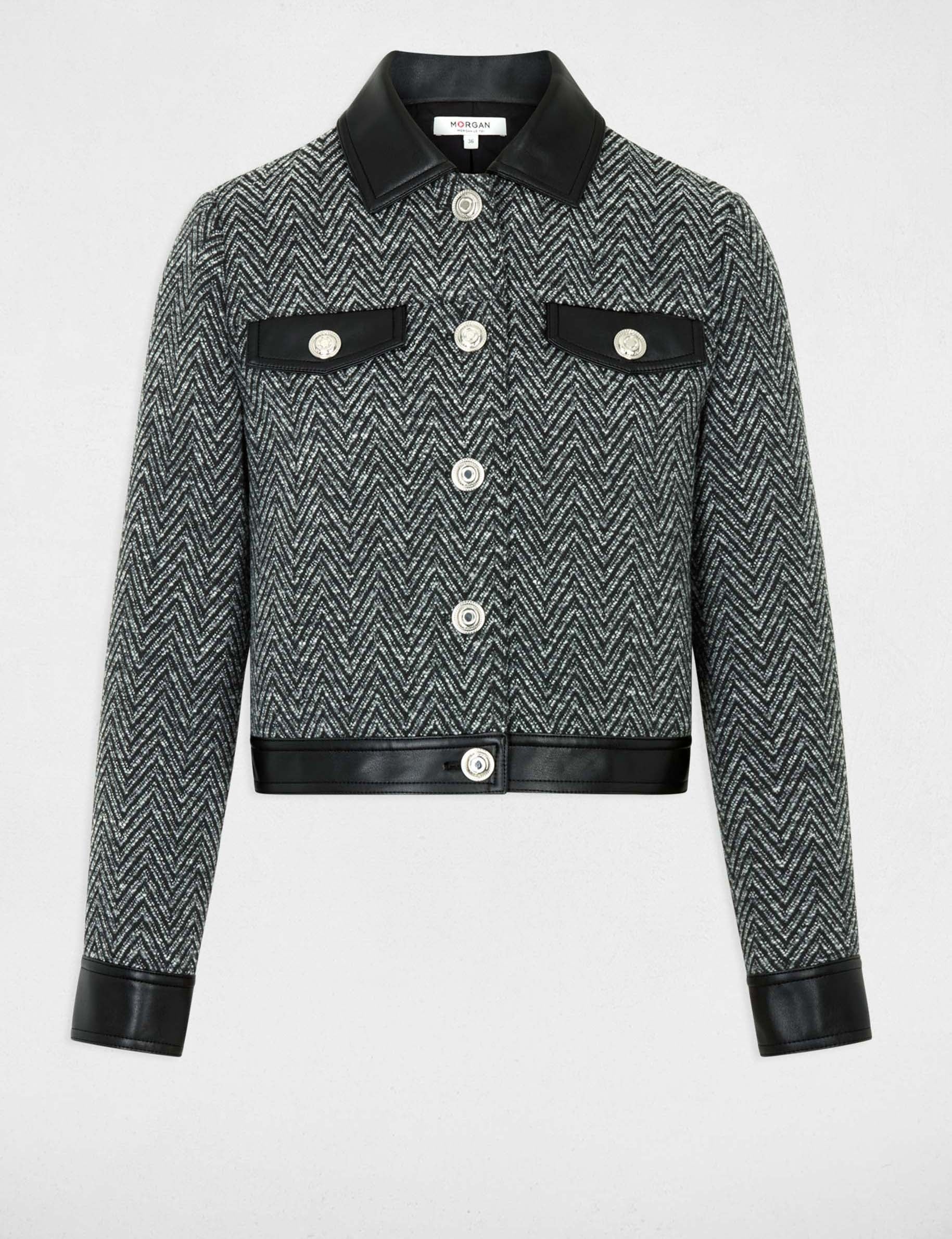 Chaqueta de tweed recta negro mujer