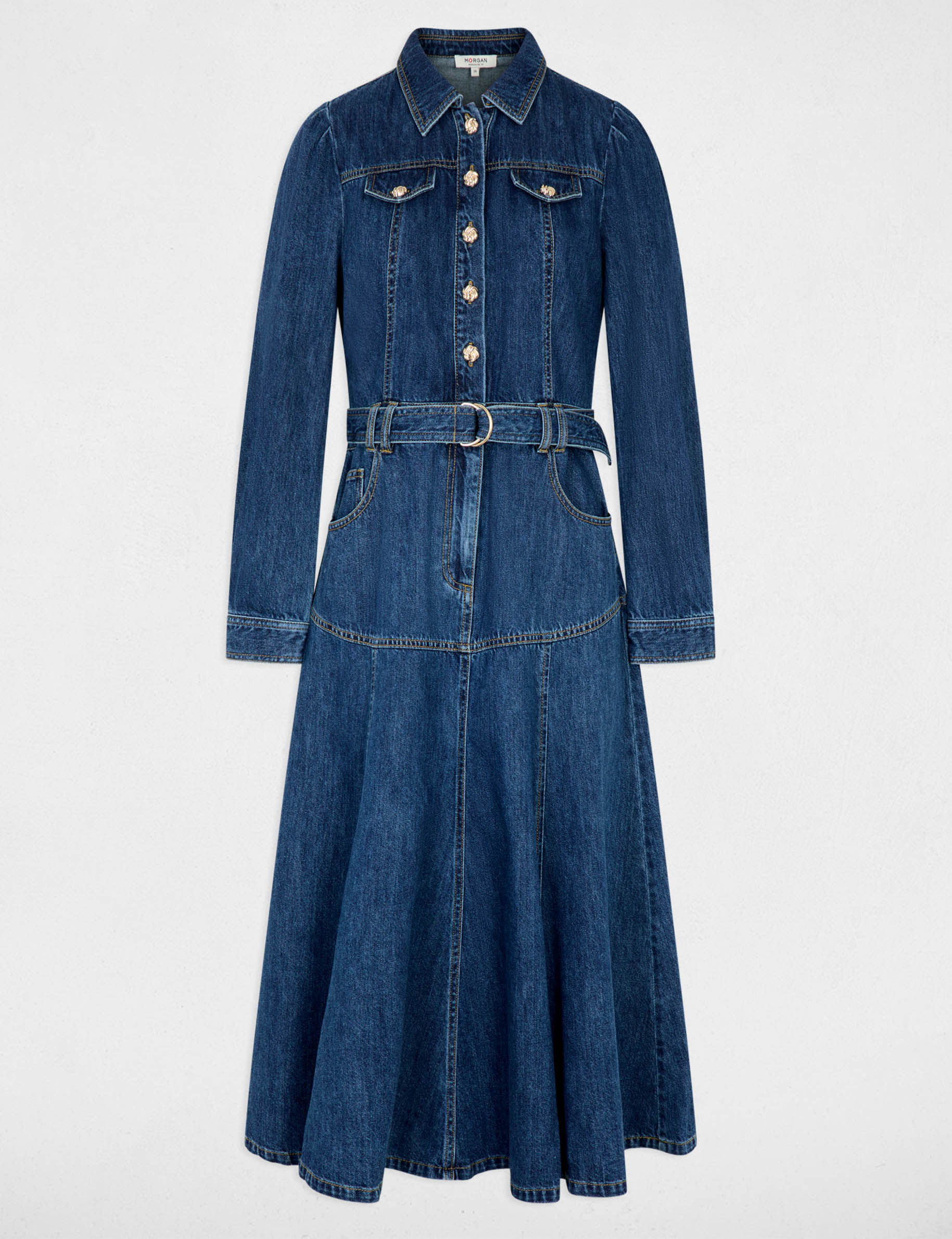 Vestido largo ajustado denim crudo mujer