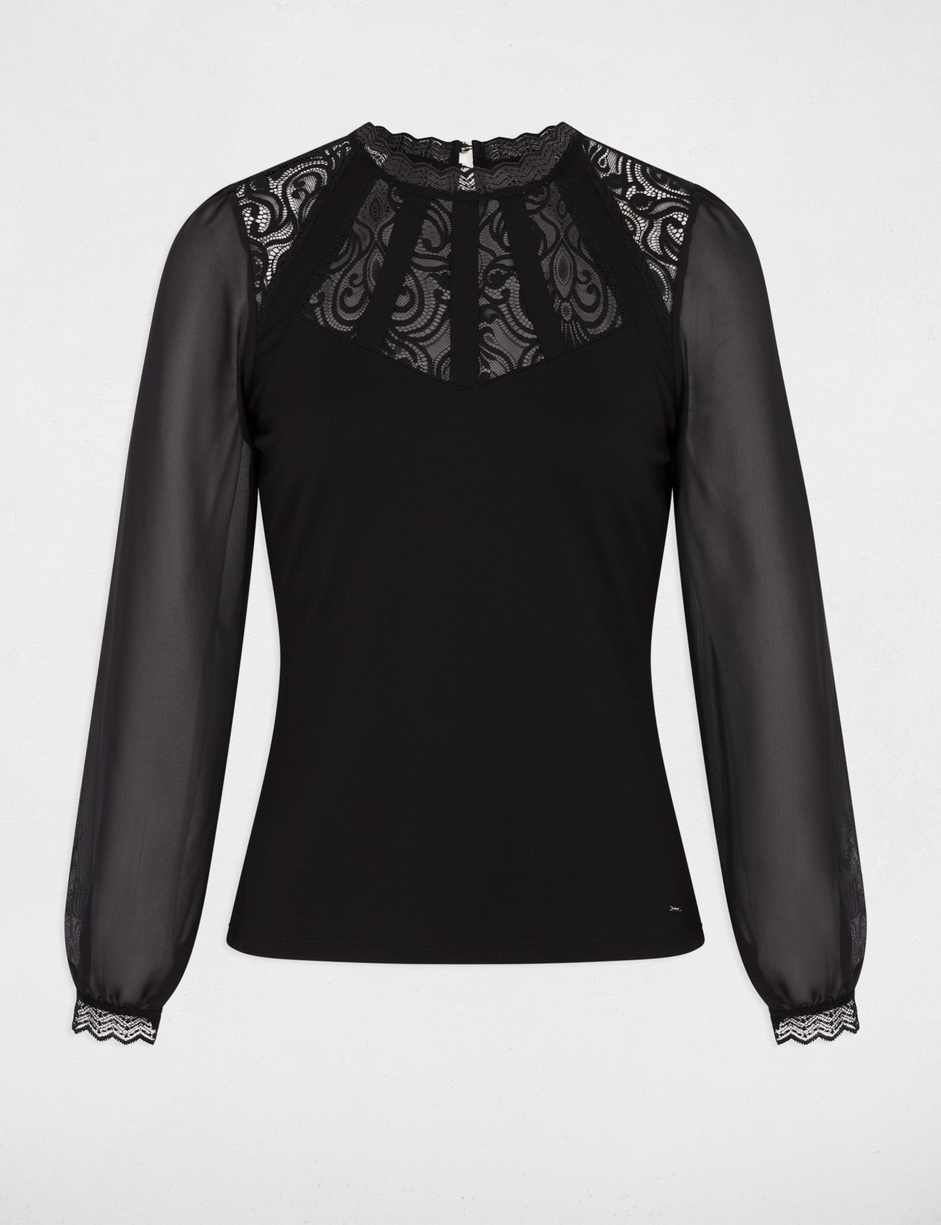 Camiseta de encaje manga larga negro mujer
