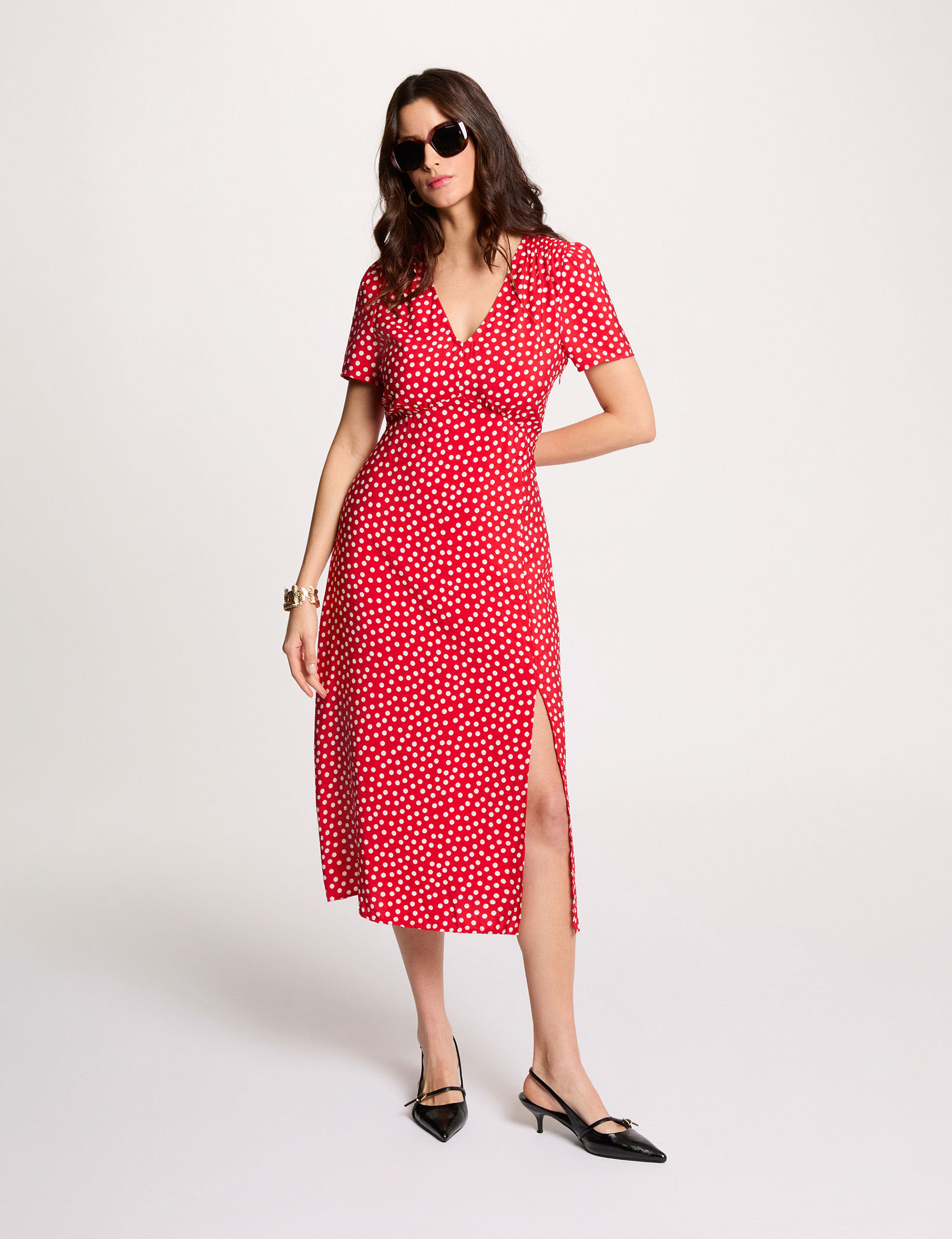 Vestido midi con cuello en V rojo mujer