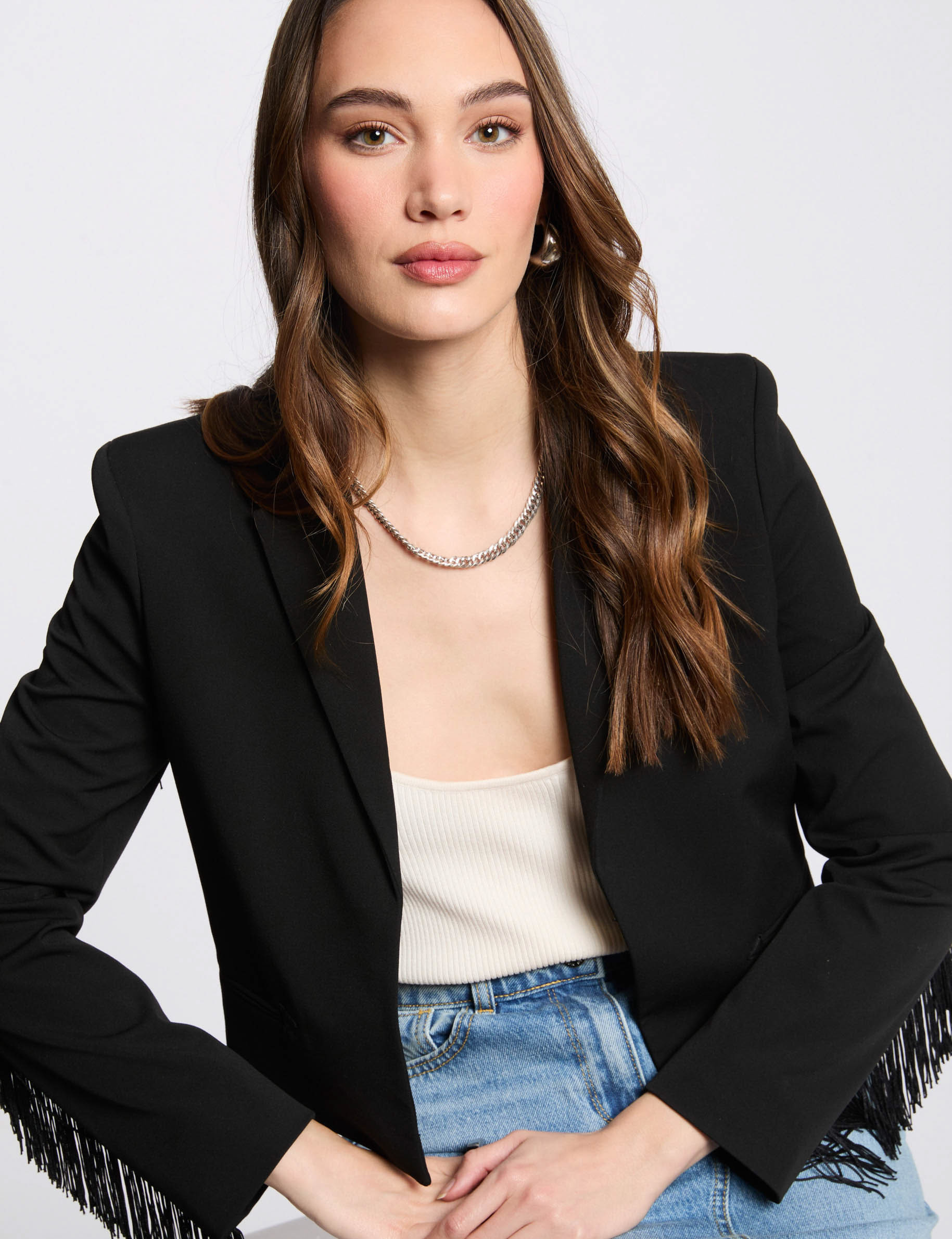 americana con flecos negro mujer Americana con flecos negro mujer