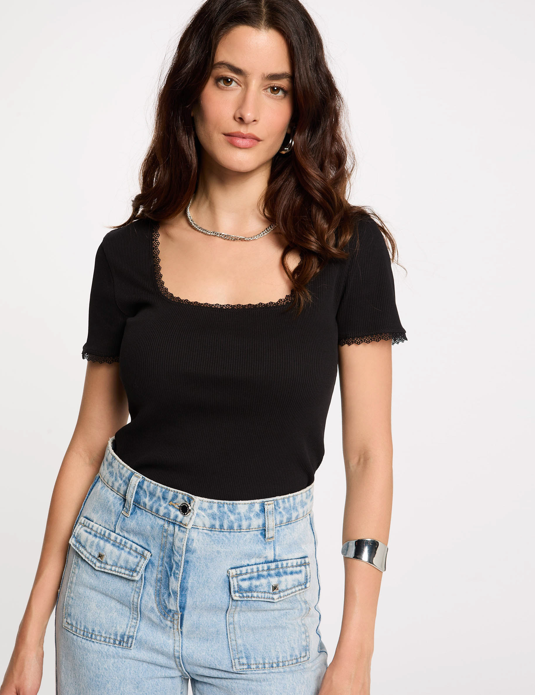 camiseta acanalada manga corta negro mujer Camiseta acanalada manga corta negro mujer
