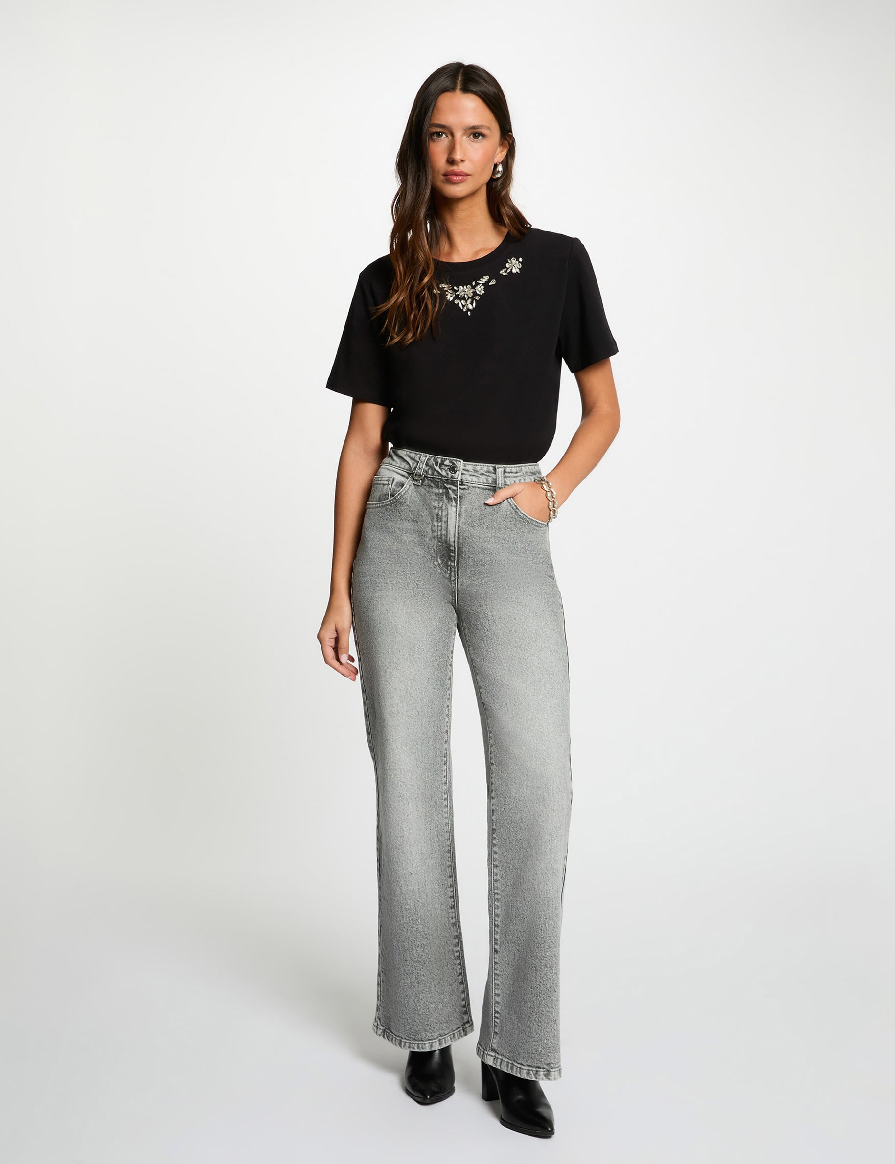 Camiseta de strass manga corta negro mujer
