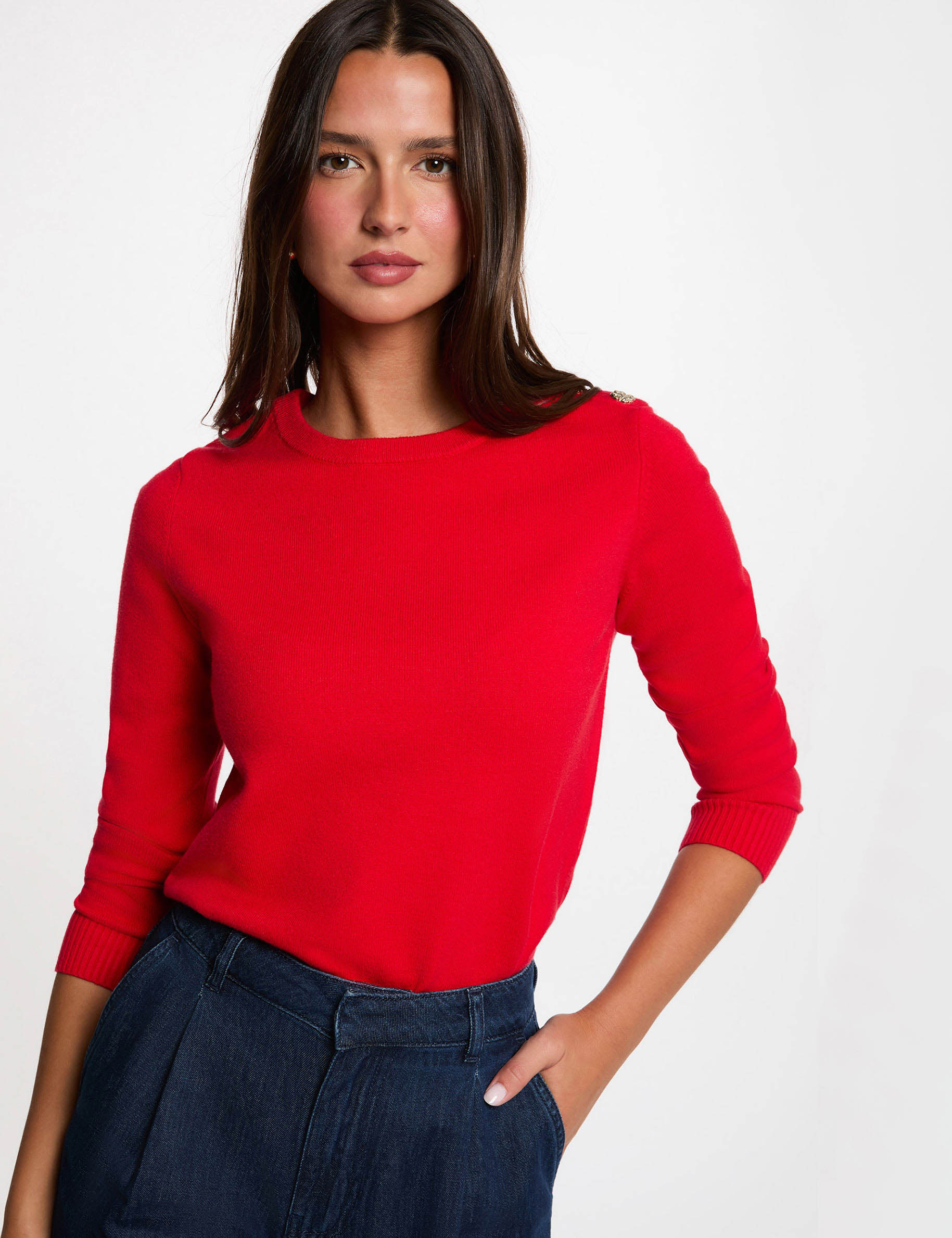 Jersey cuello redondo con botones rojo mujer