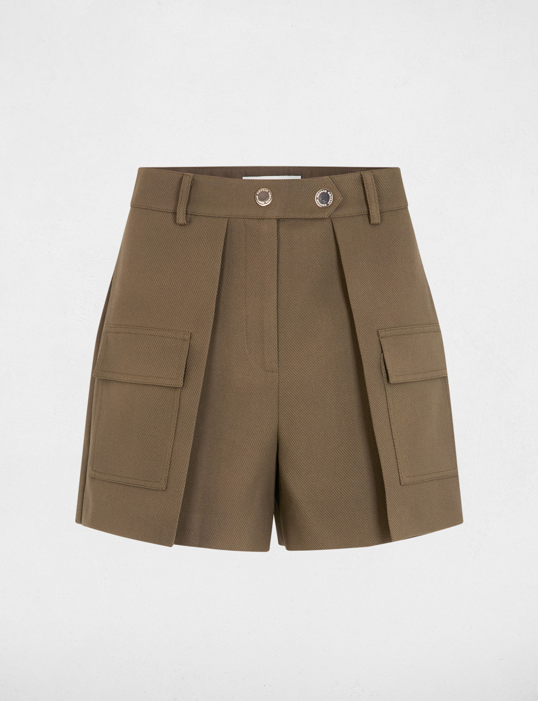 Short recto bolsillos solapa verde caqui mujer