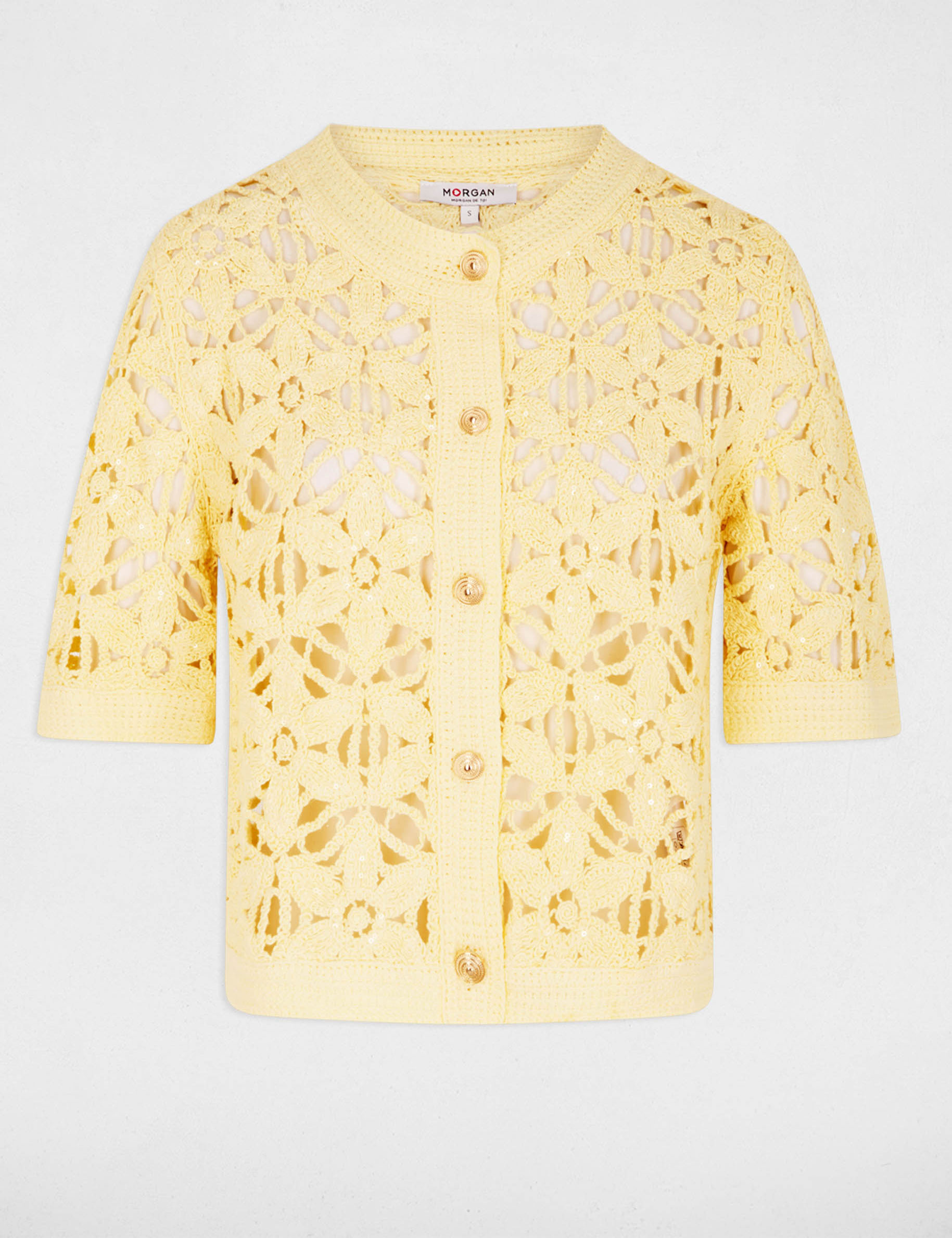 C&aacute;rdigan calado con cuello redondo amarillo pastel mujer