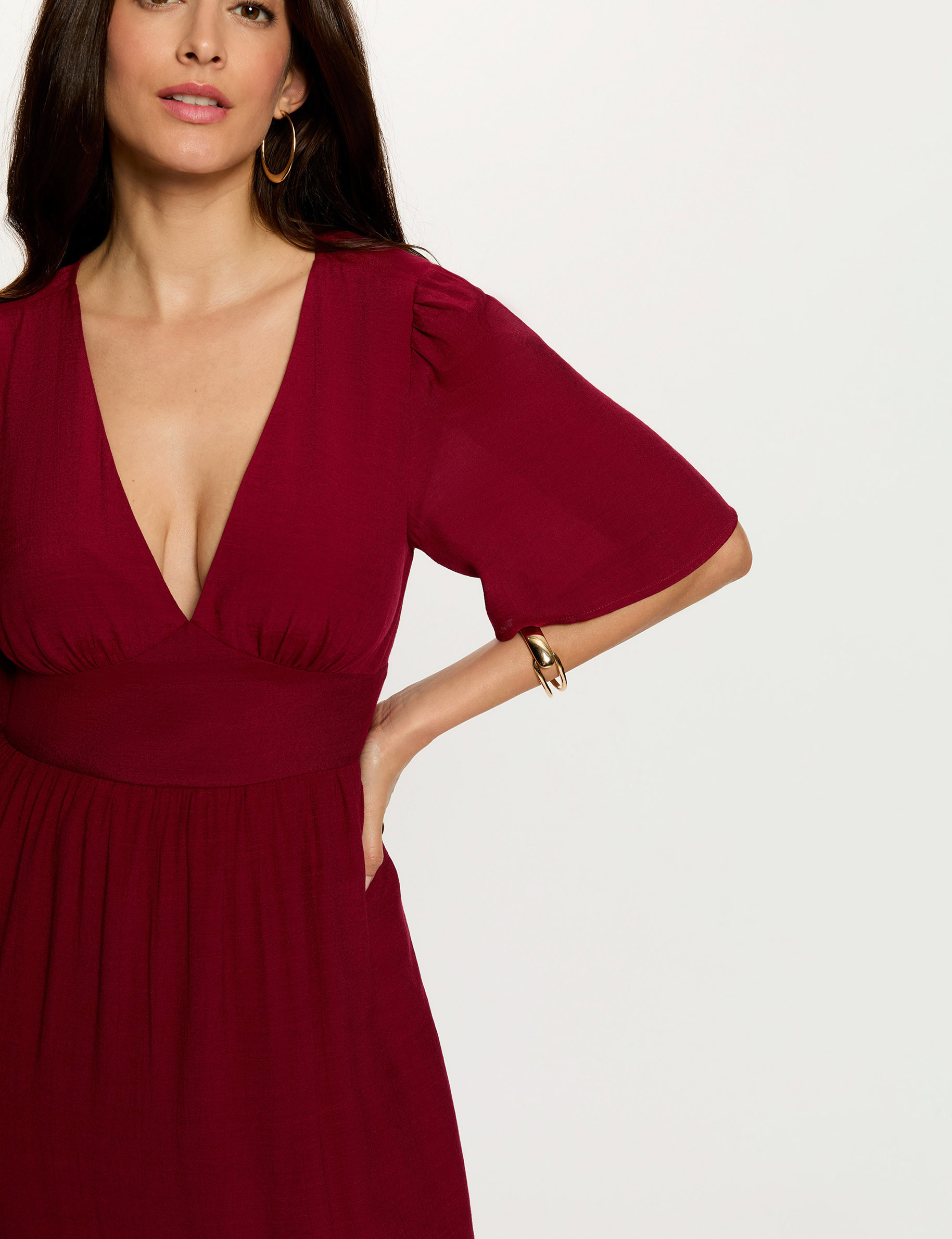 Vestido largo con cuello en V burdeos mujer