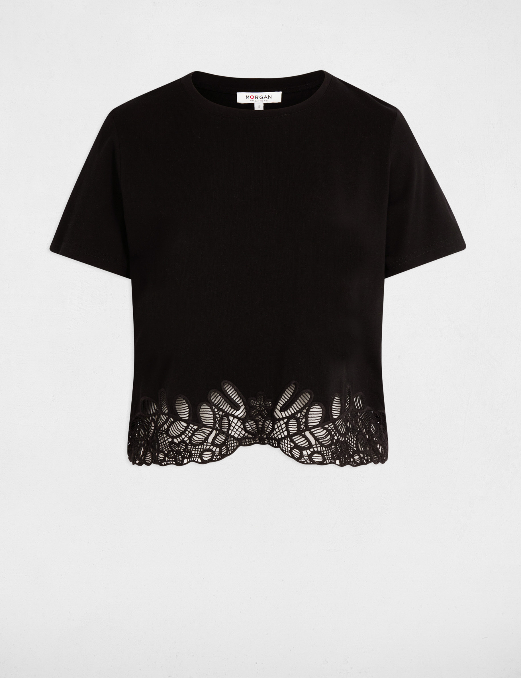 Camiseta bordada cuello redondo negro mujer