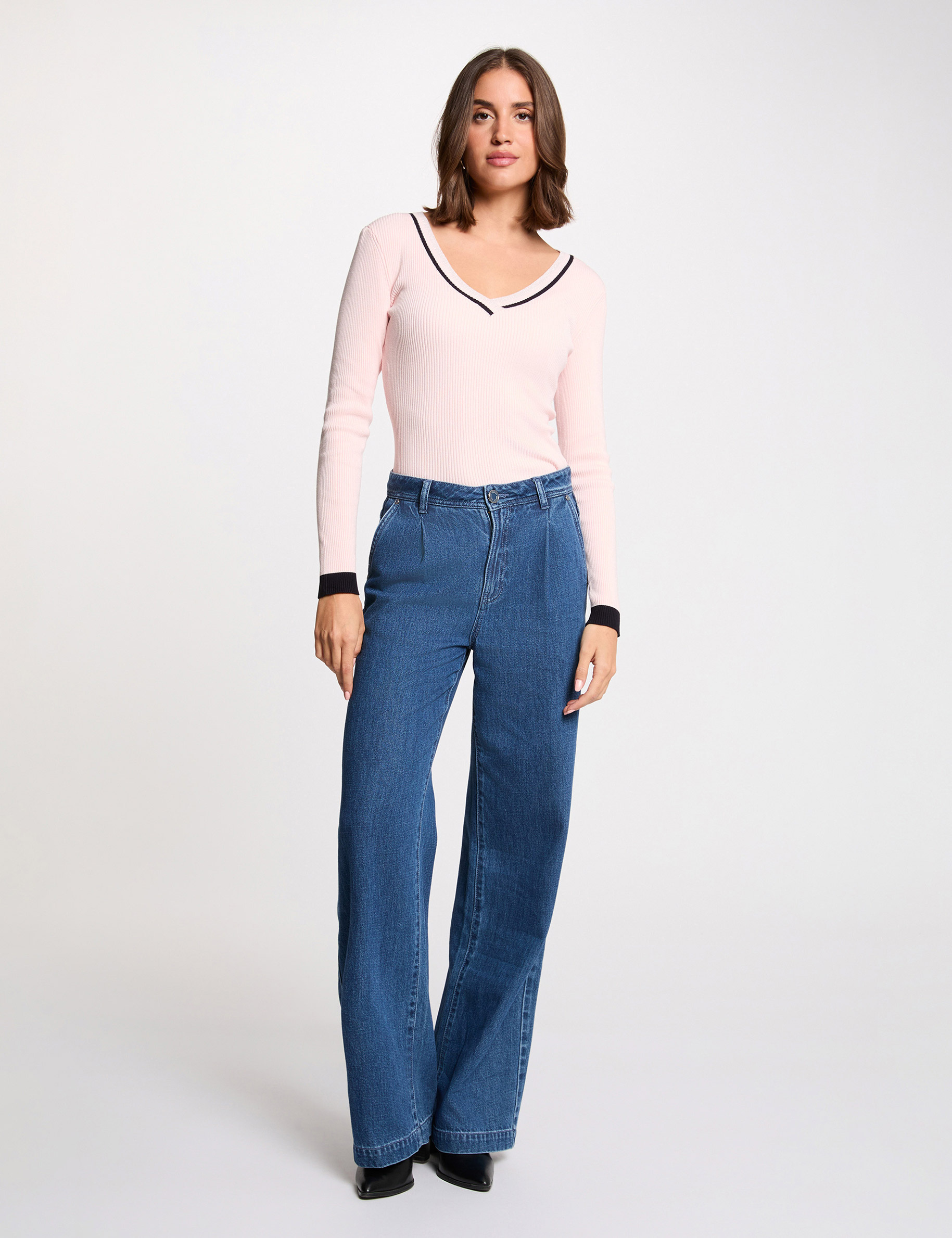 Jersey manga larga con escote en V rosa claro mujer