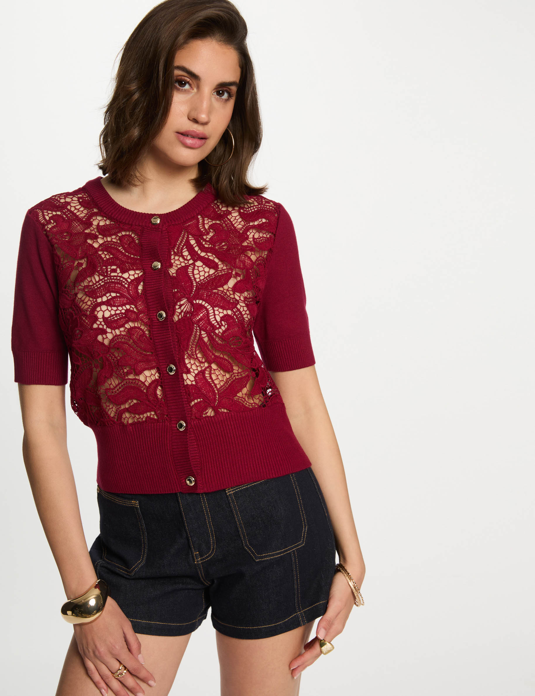 cardigan manga corta rojo oscuro mujer Cárdigan manga corta rojo oscuro mujer