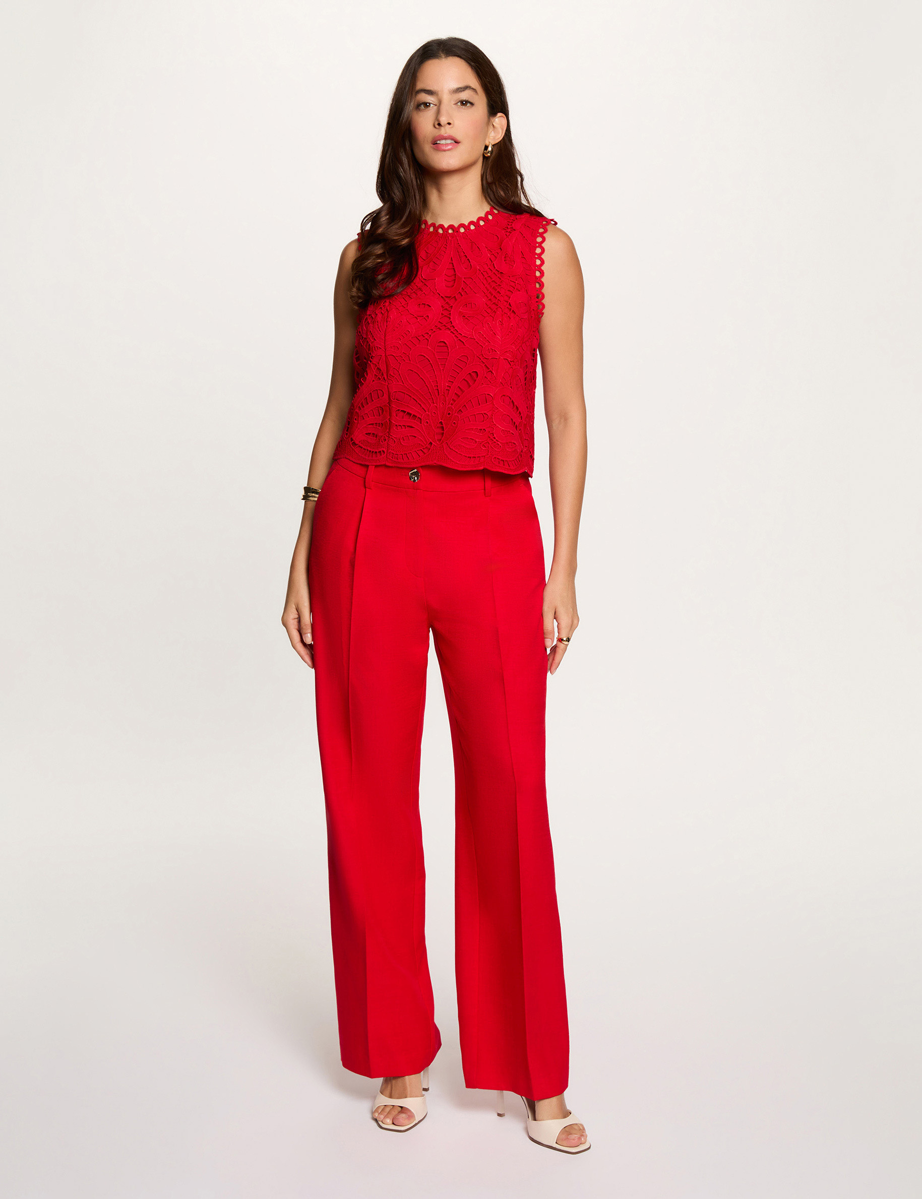 Top de encaje sin mangas rojo mujer