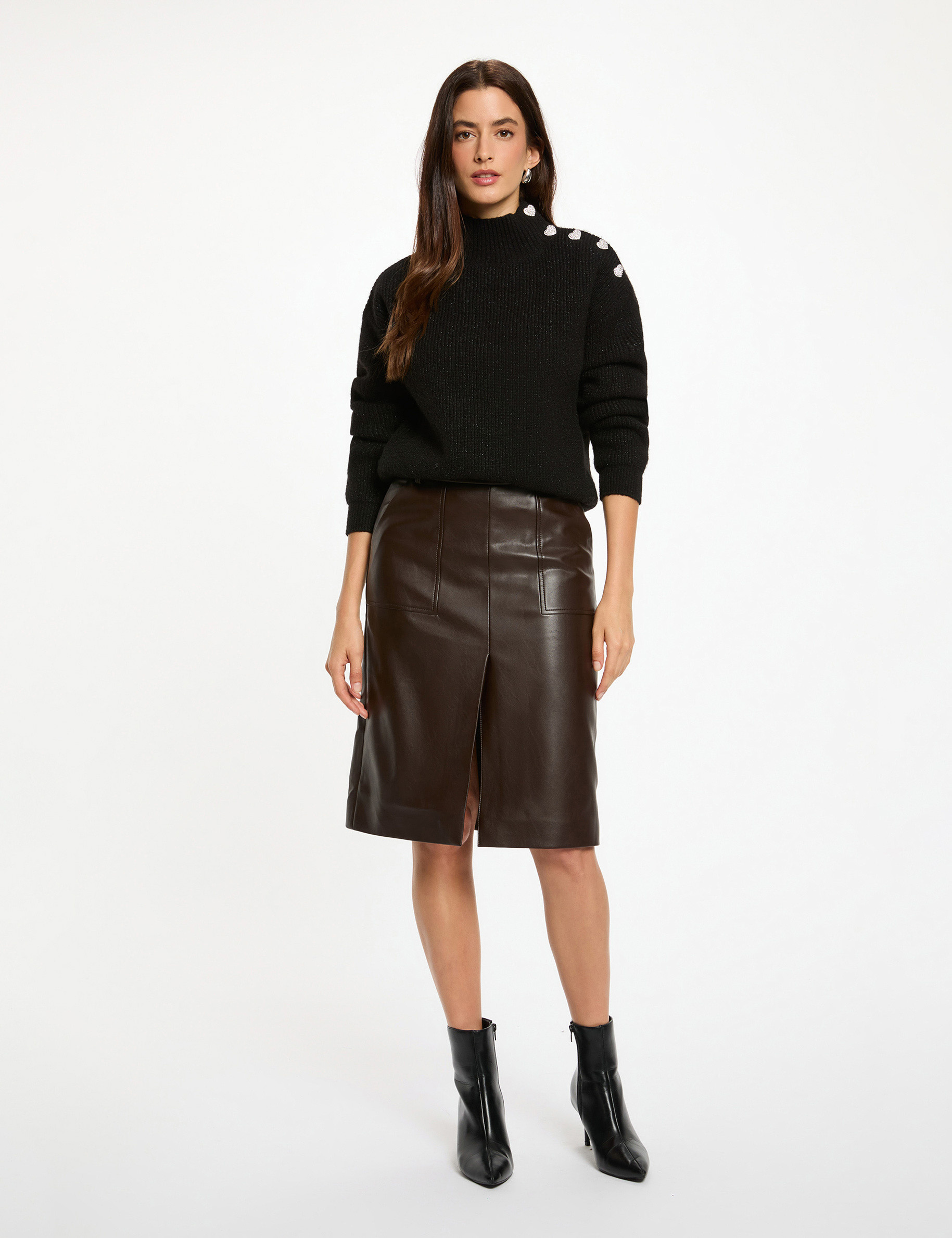 Falda ajustada cuero sint&eacute;tico marr&oacute;n oscuro mujer