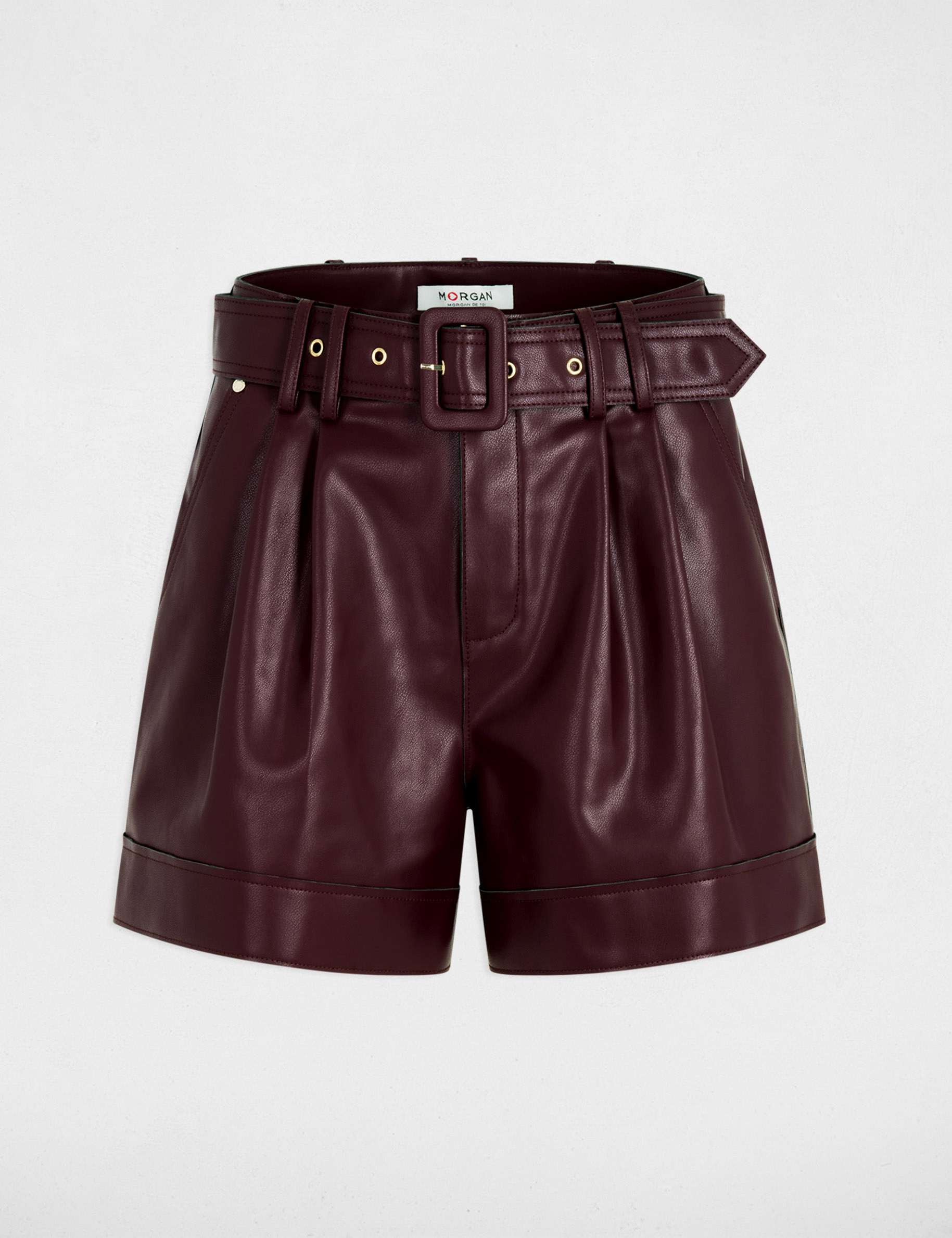 Pantal&oacute;n corto negro de polipiel ciruela mujer