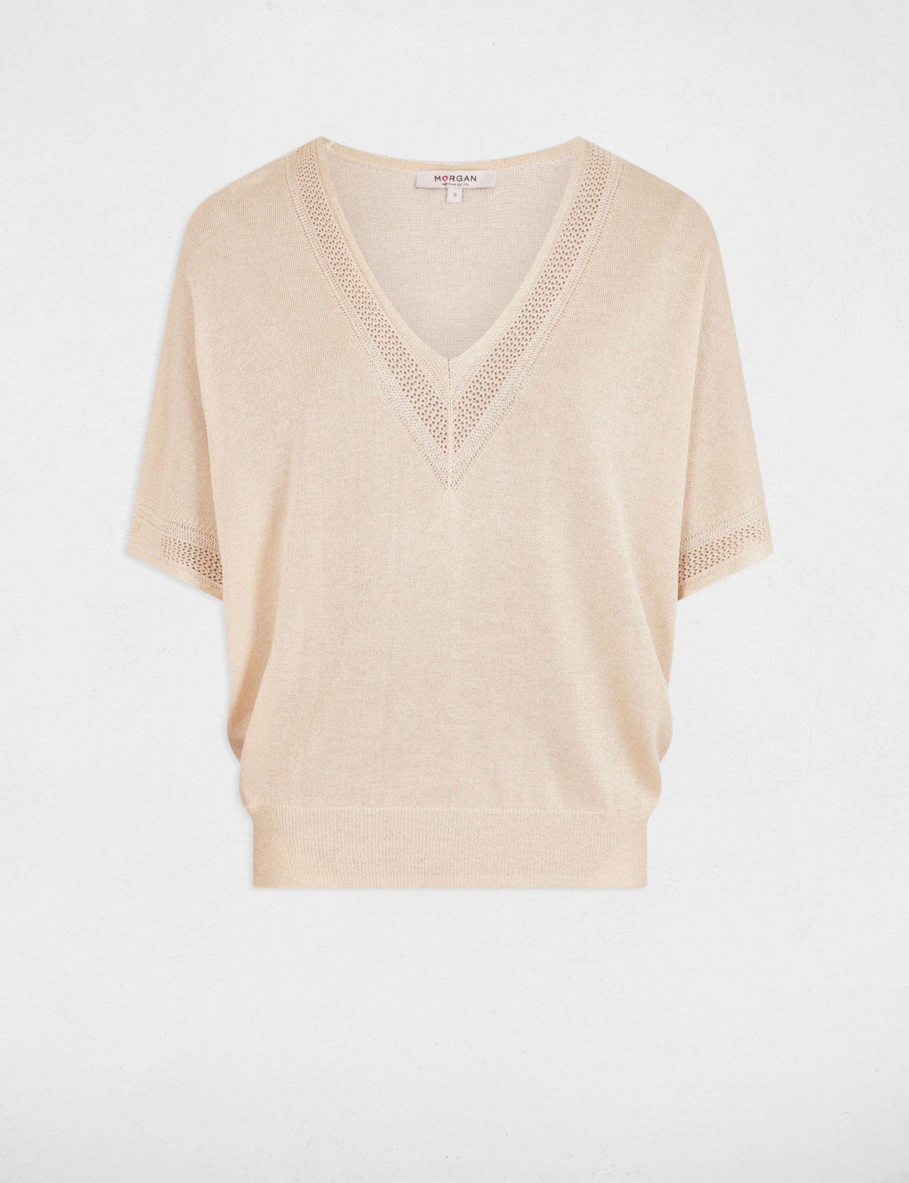 Jersey escote en V manga corta marfil mujer