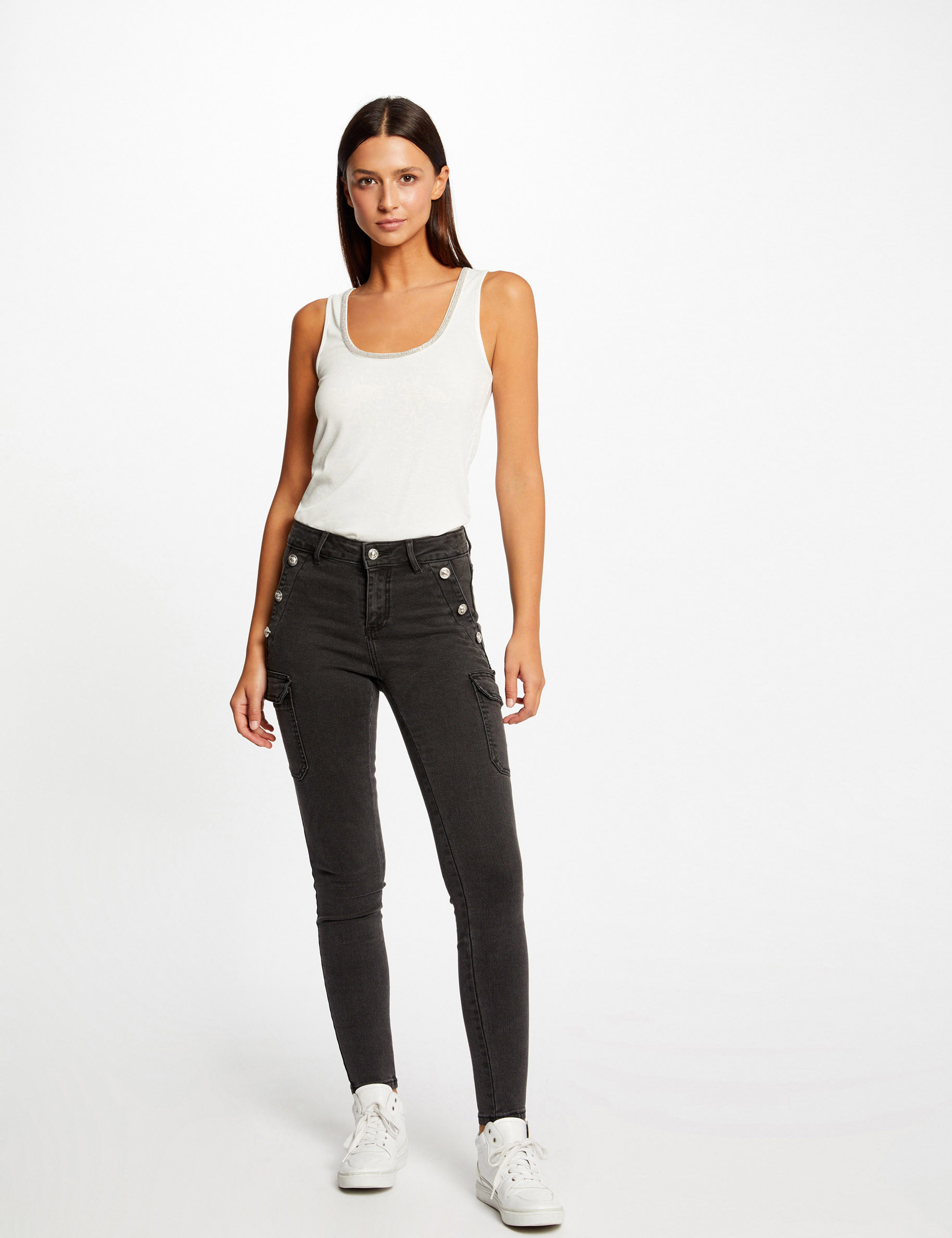 vaquero cargo skinny con botones gris moyen mujer Vaquero cargo skinny con botones gris moyen mujer