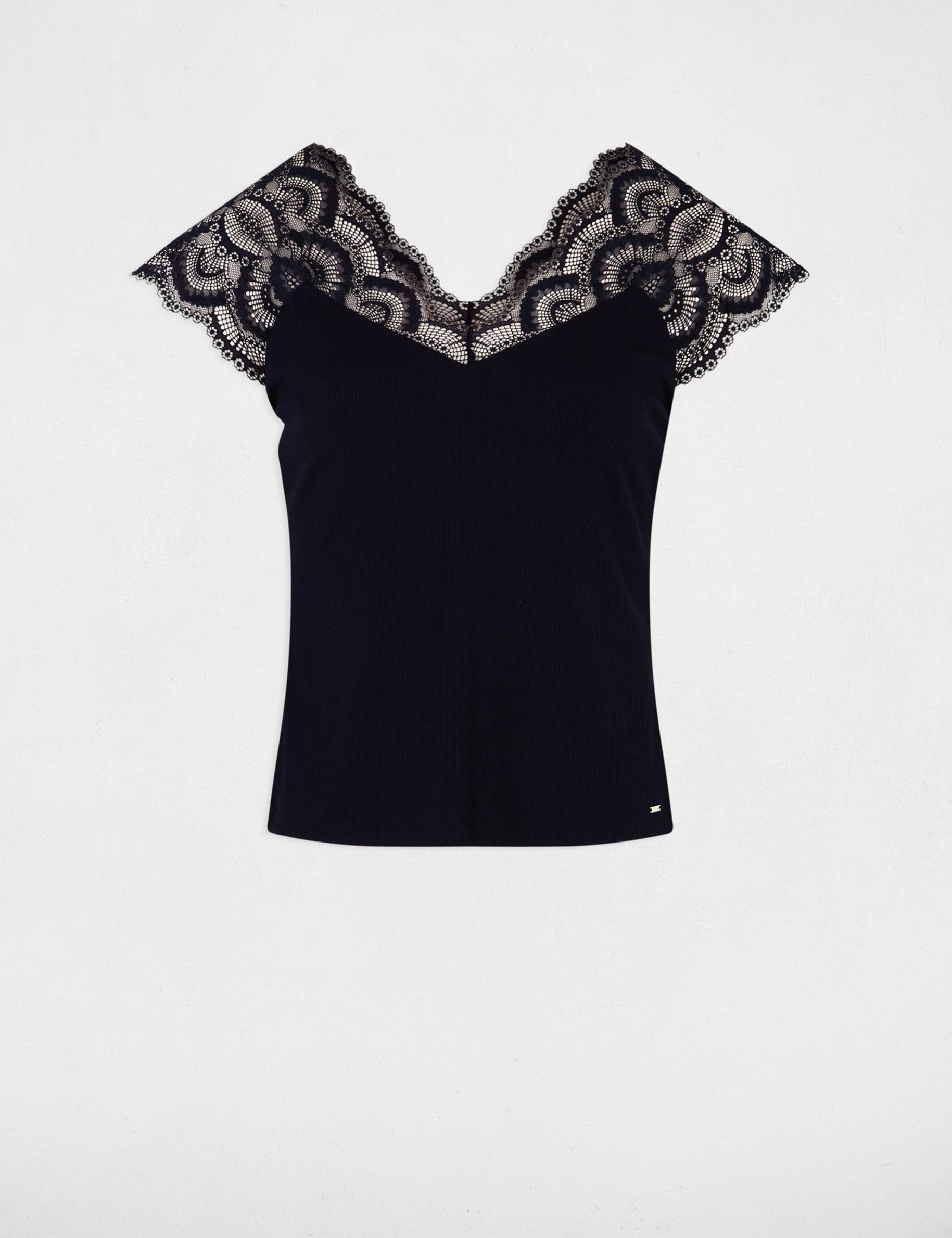 Camiseta de encaje con cuello en v azul marino mujer