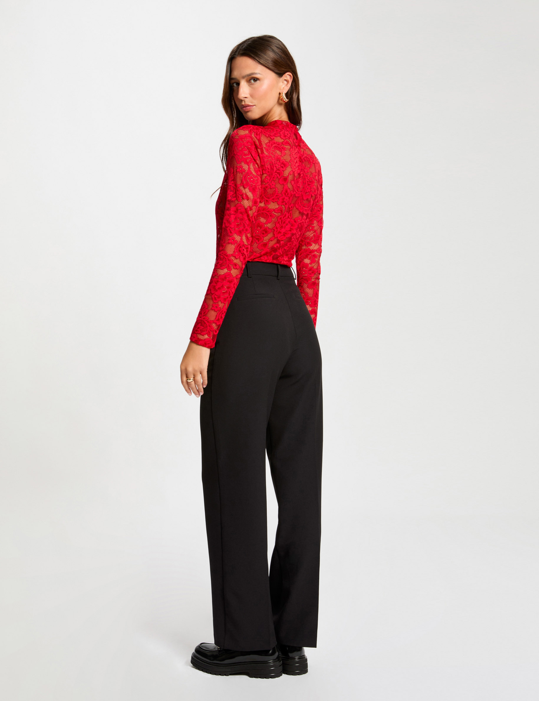pantalon recto con pinzas negro mujer Pantalón recto con pinzas negro mujer