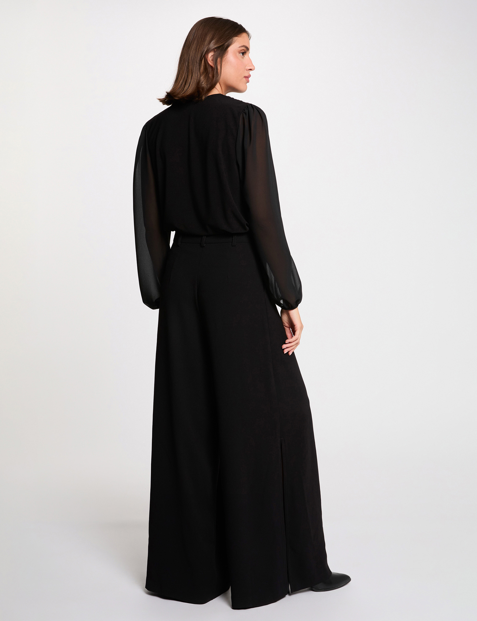 Camiseta de voile con cuello lazada negro mujer