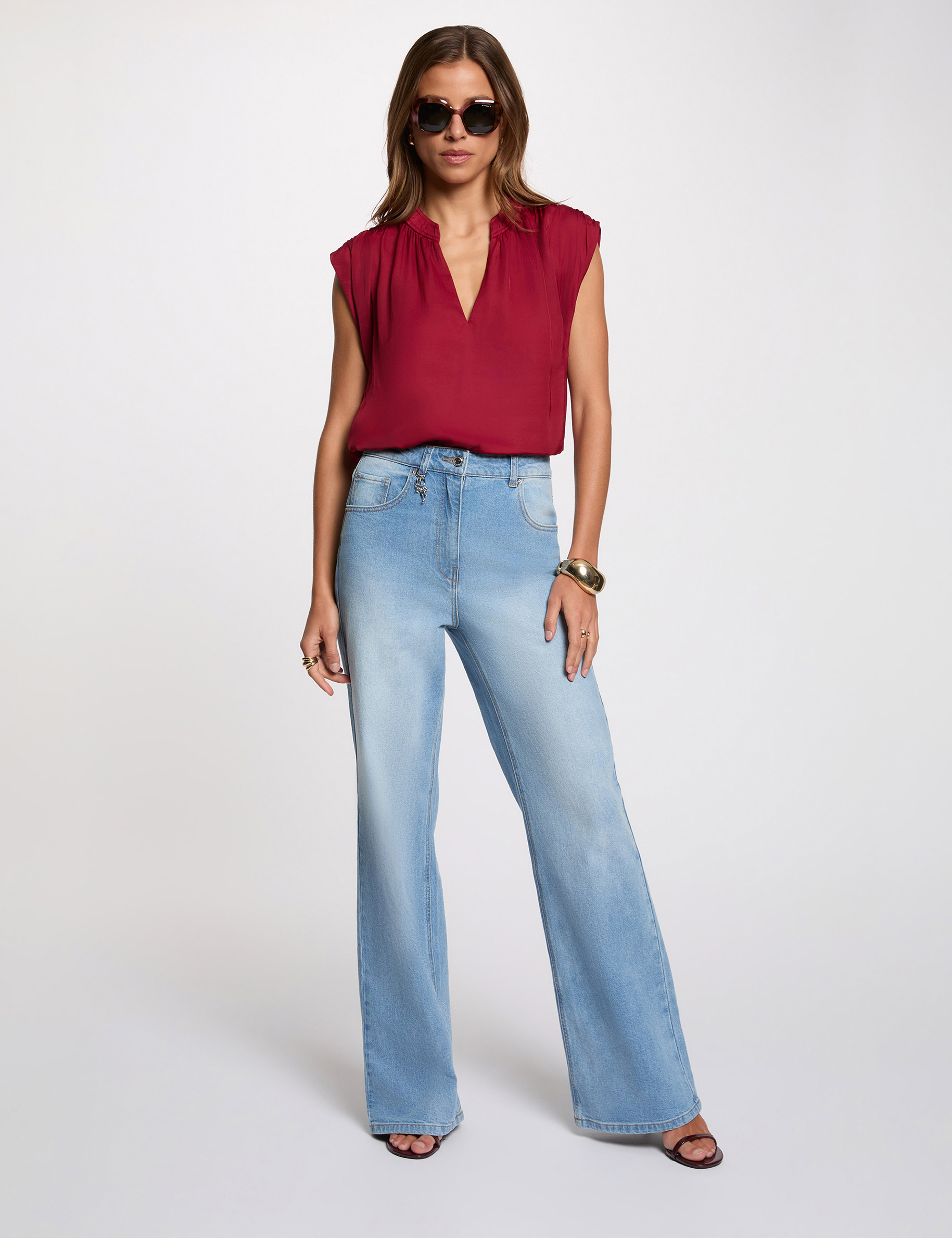 Blusa manga corta satinada burdeos mujer