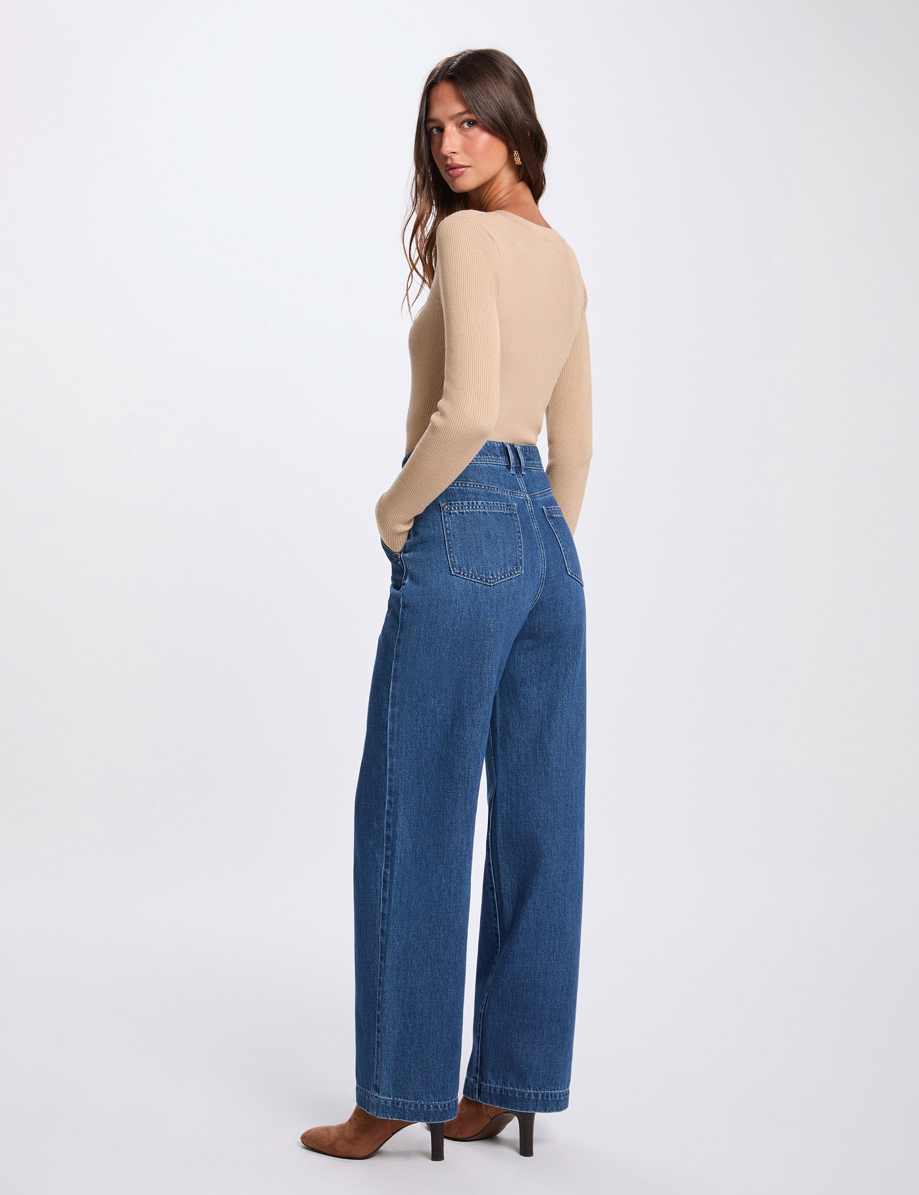 Jersey ajustado con cuello en V marron clair mujer