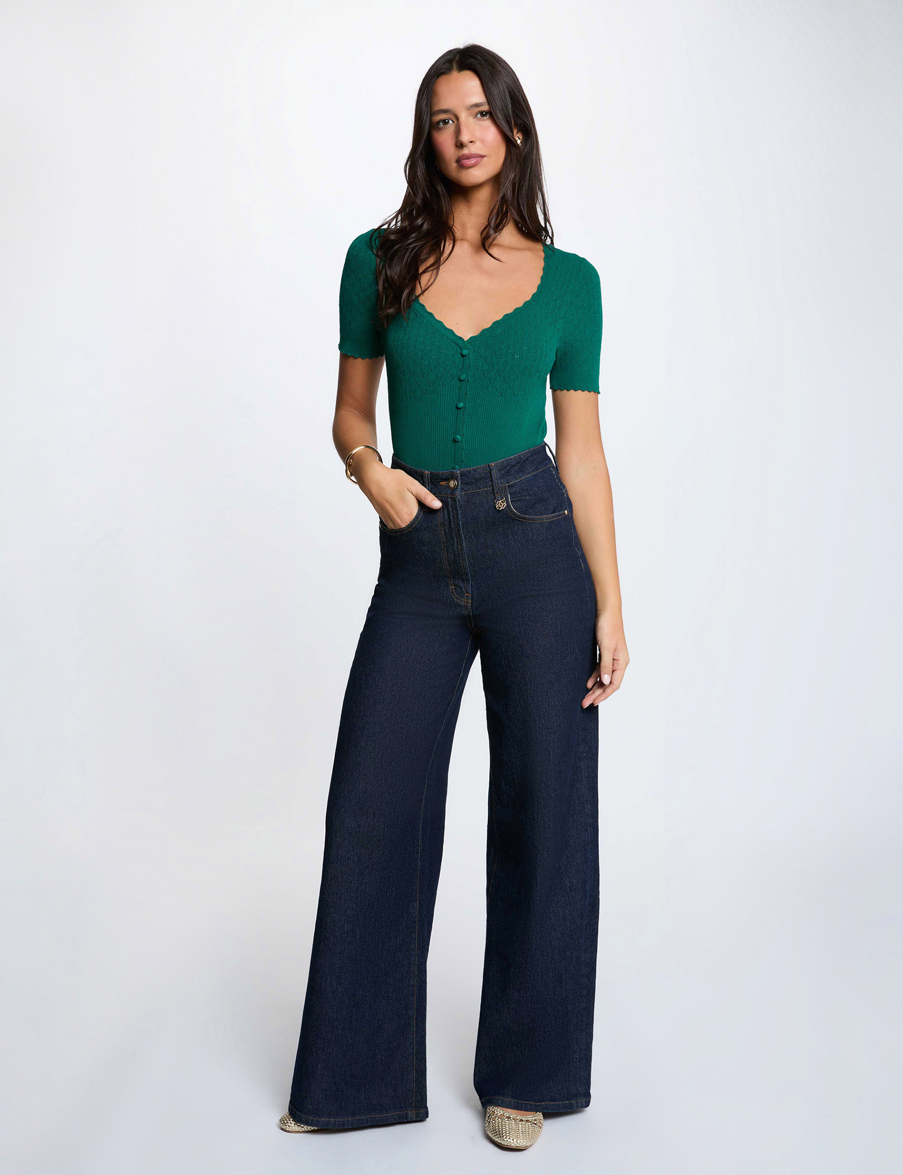 Jersey ajustado con cuello en V verde mujer
