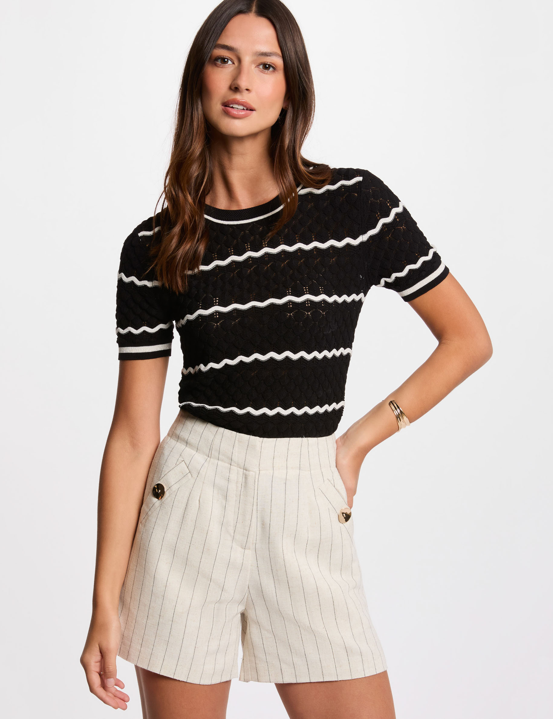 short de talle alto a rayas beige mujer Short de talle alto a rayas beige mujer