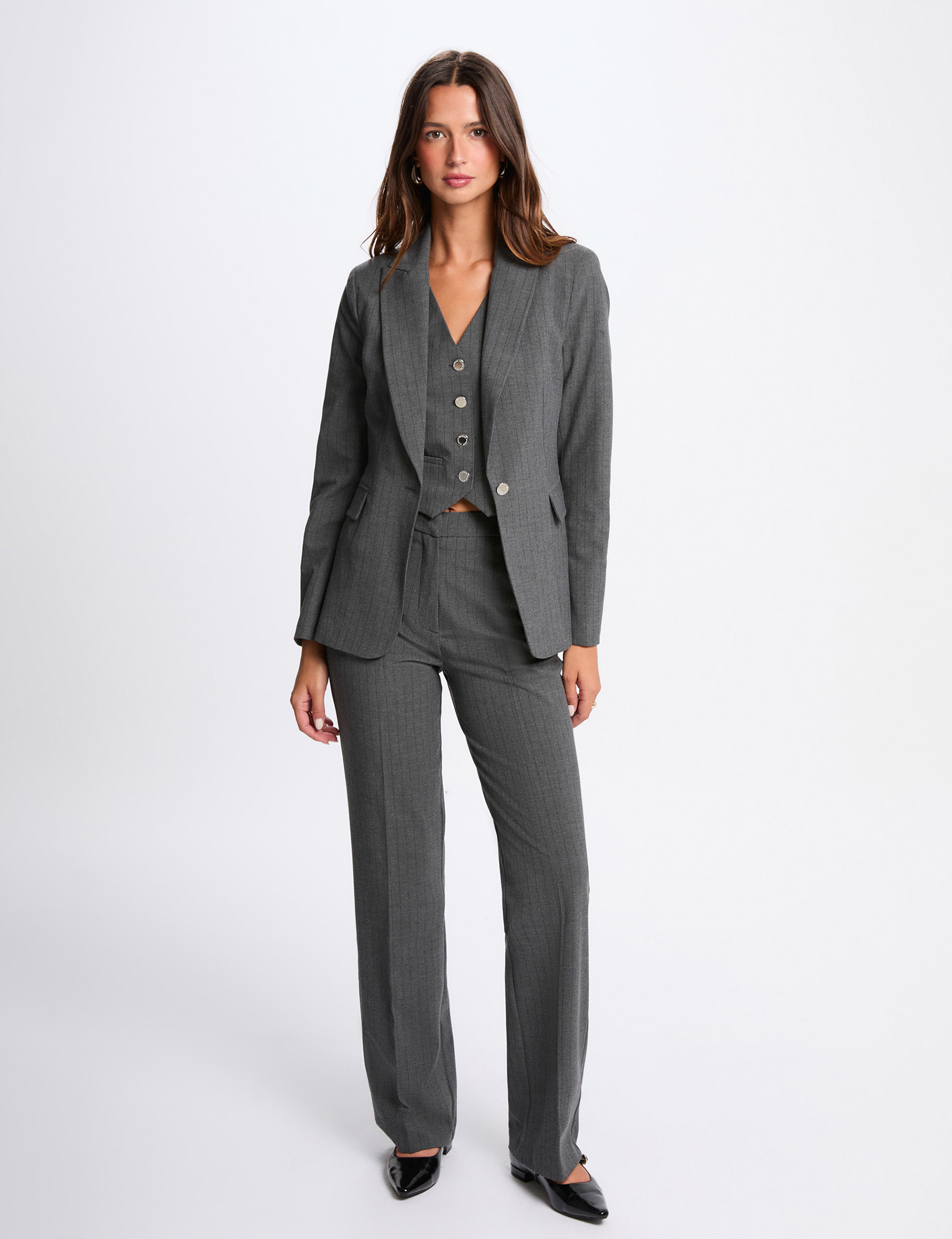 Blazer ajustado de rayas gris moyen mujer