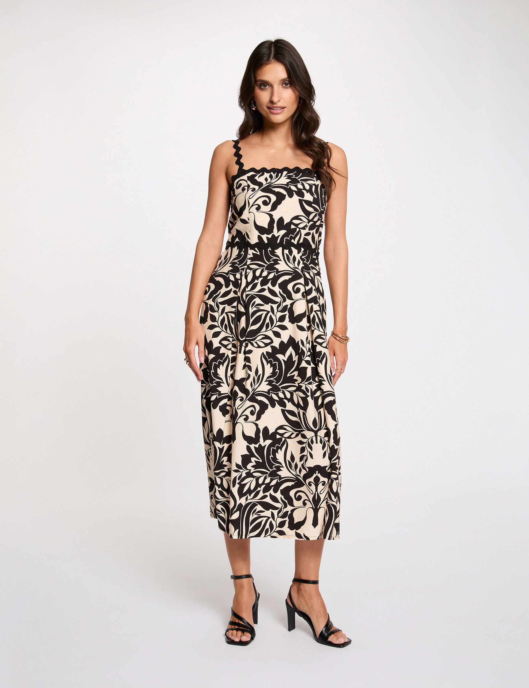 Vestido midi con escote cuadrado negro mujer