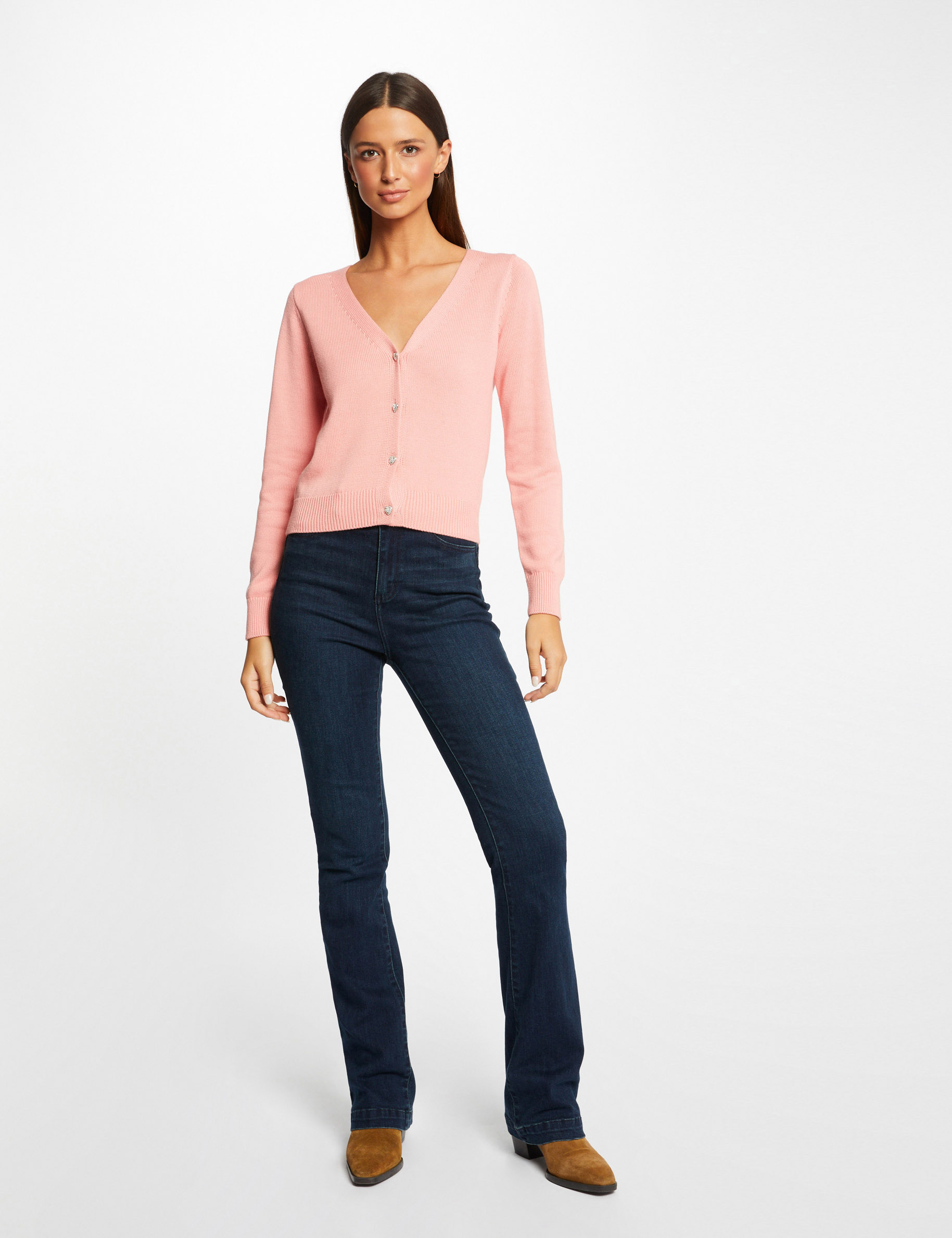 cardigan recto abotonado escote en v rose pale mujer Cárdigan recto abotonado escote en V rose pale mujer
