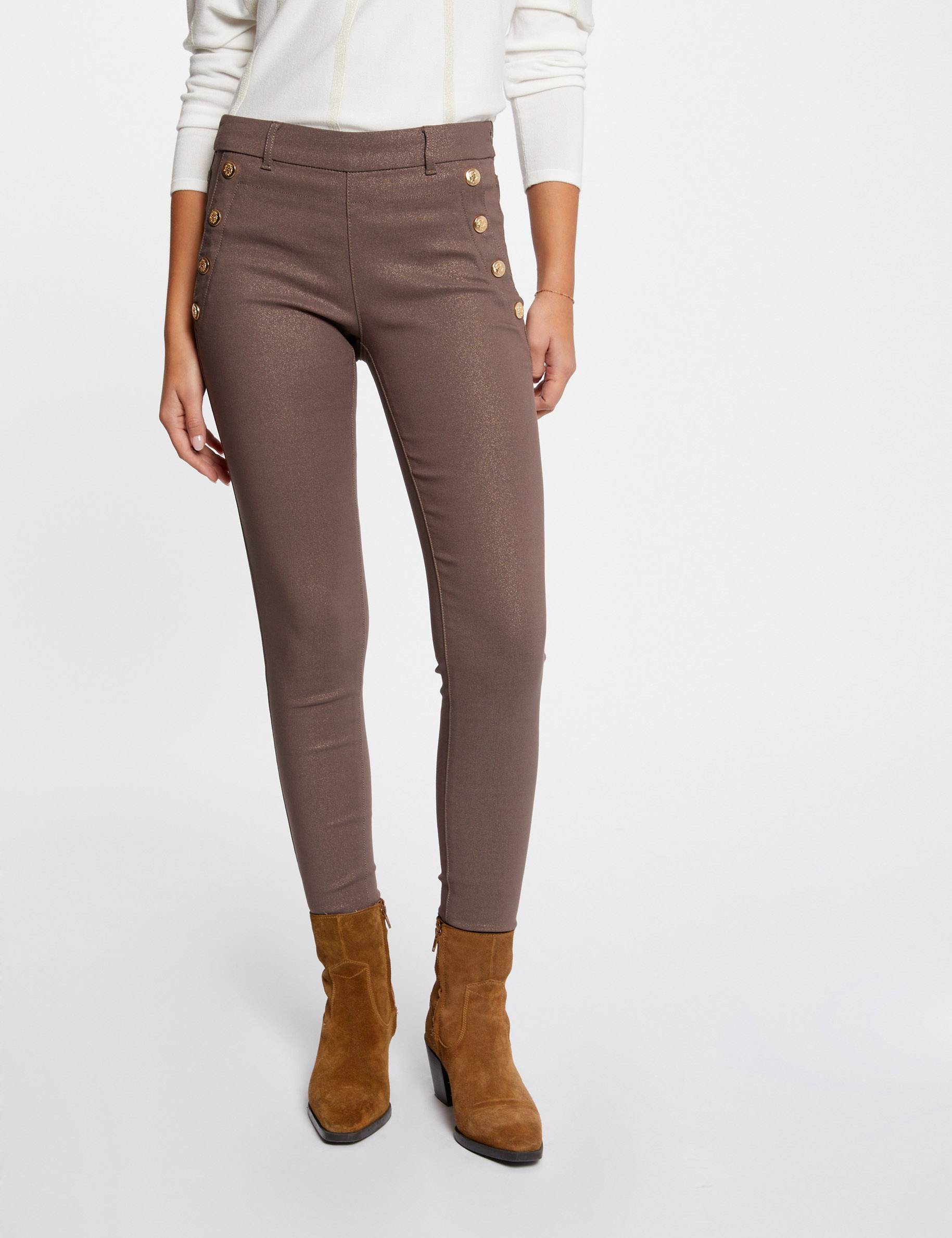 Pantal¿n skinny mojado con botones topo mujer