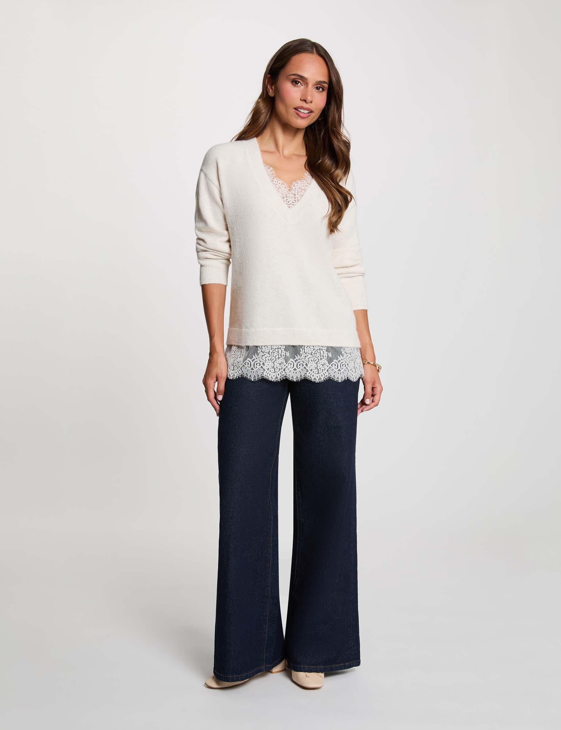 Jersey de cuello en V y mangas largas marfil mujer