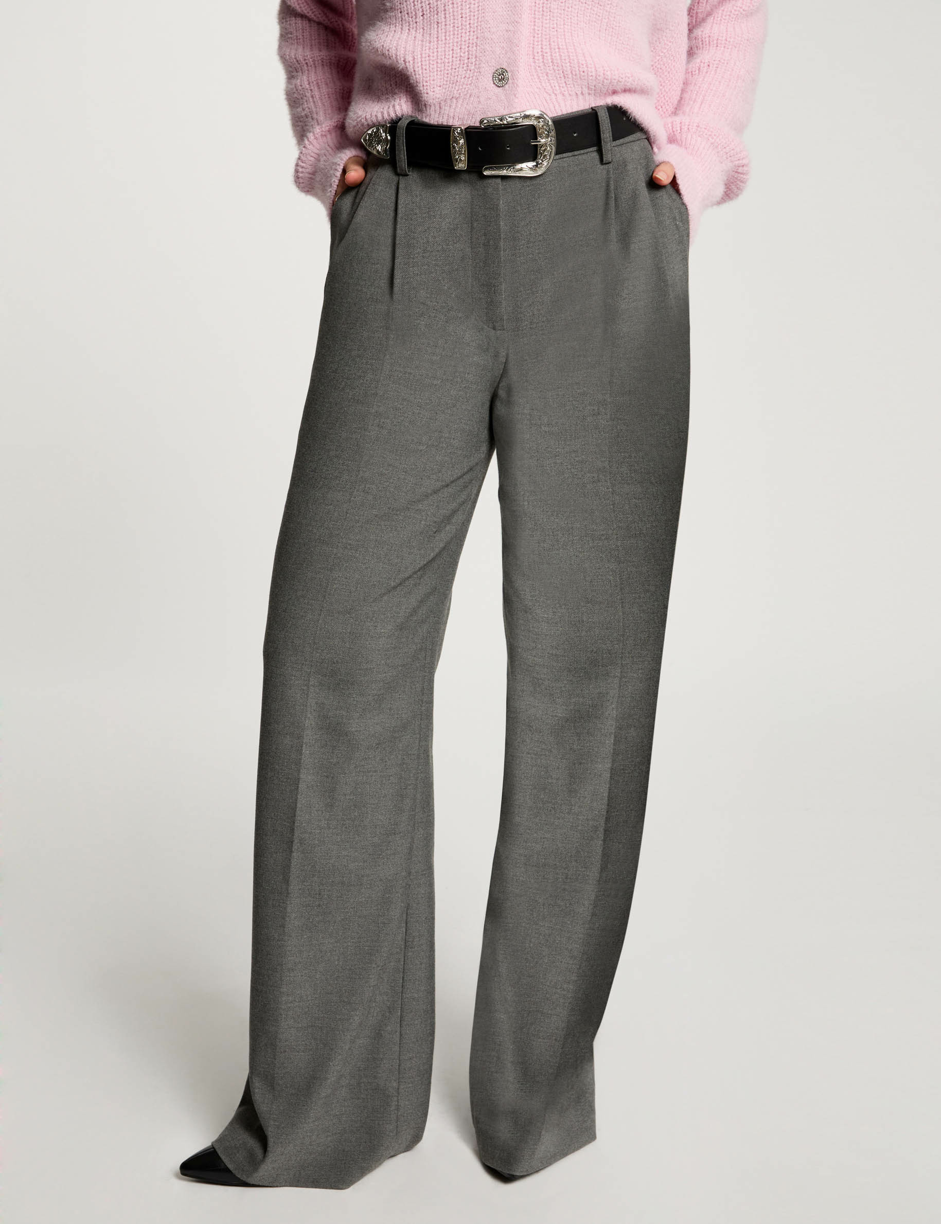 pantalon pernera ancha pinzas gris claro mujer Pantalón pernera ancha pinzas gris claro mujer