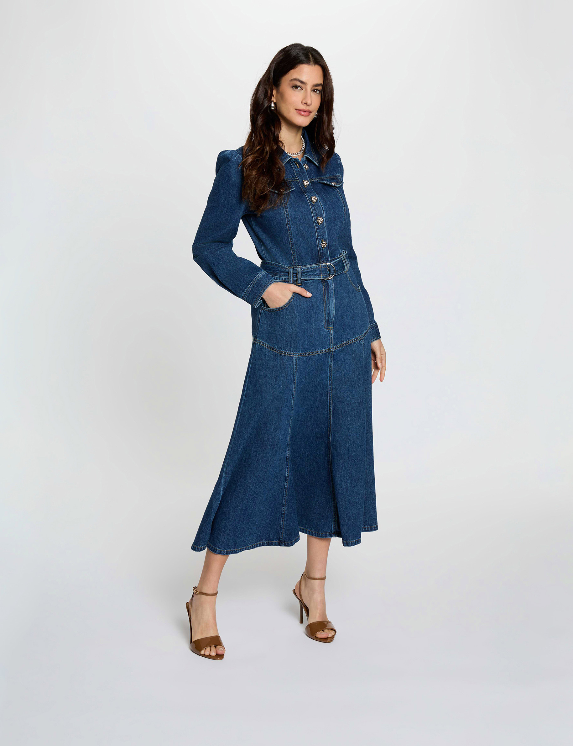 Vestido largo ajustado denim crudo mujer