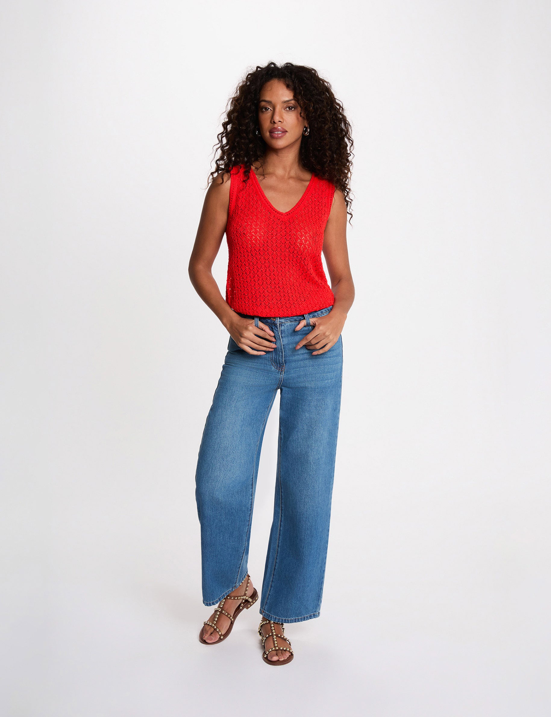 Top de crochet con cuello en v rojo vivo mujer