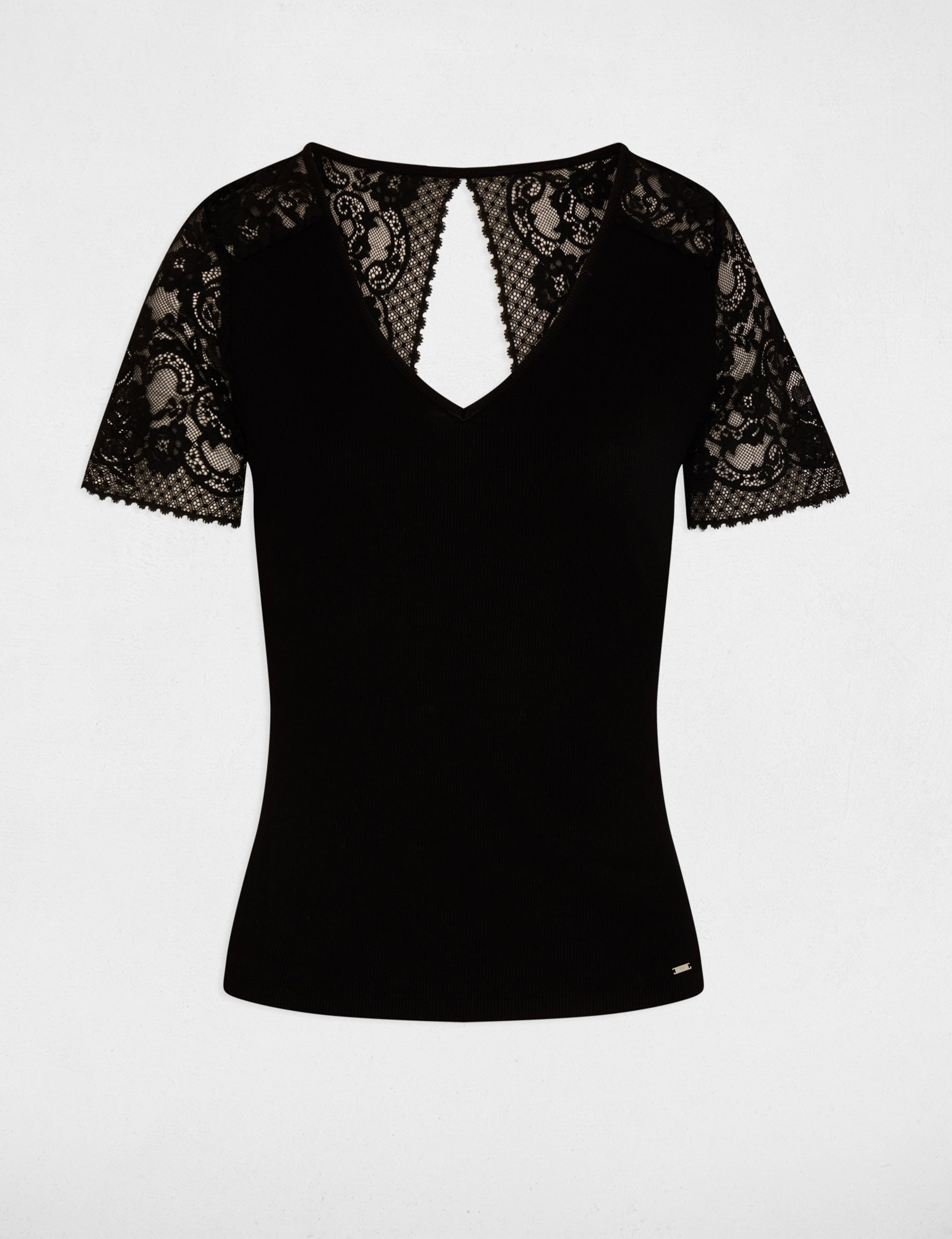 Camiseta de encaje con cuello en V negro mujer