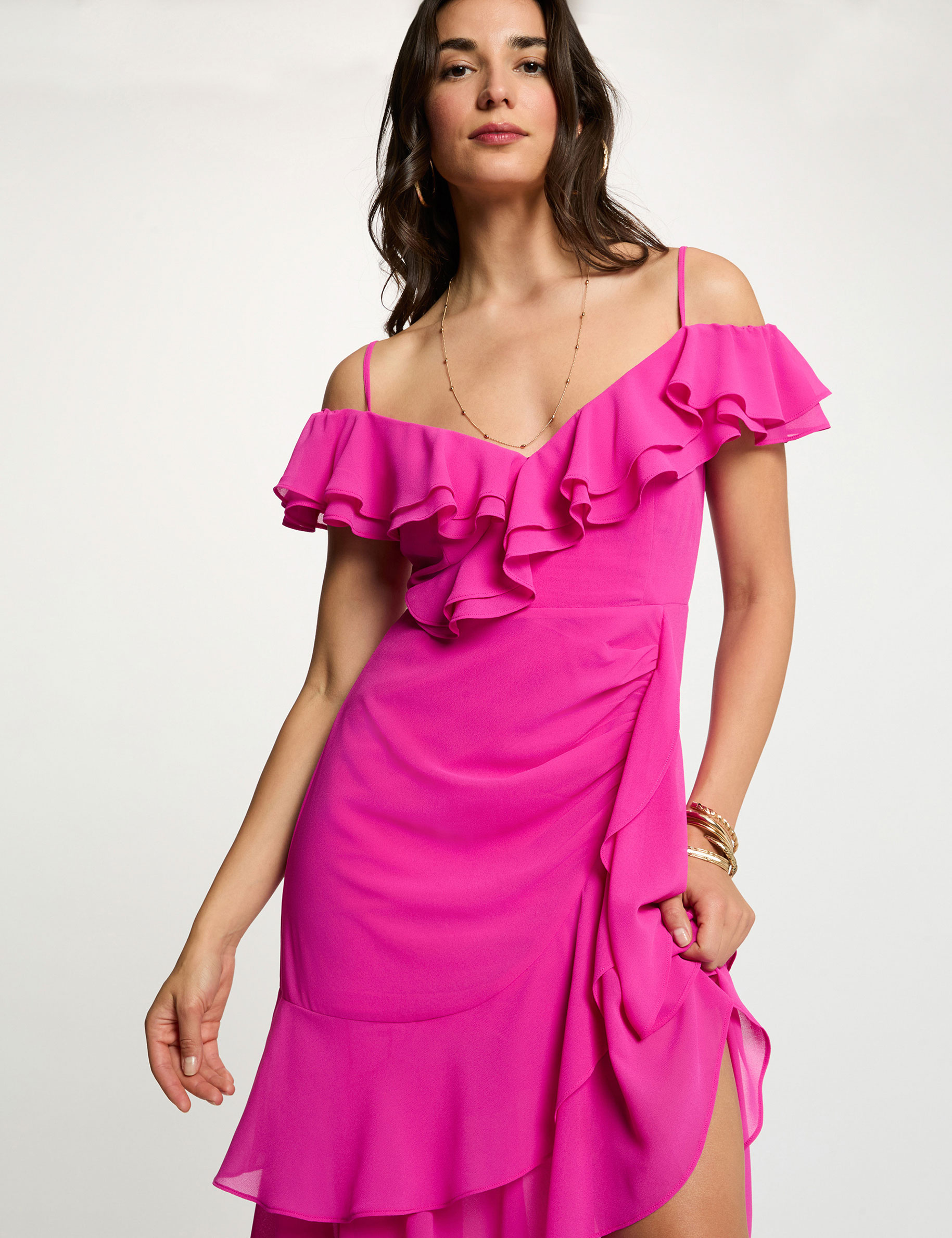 Vestido midi recto volantes rosa frambuesa mujer