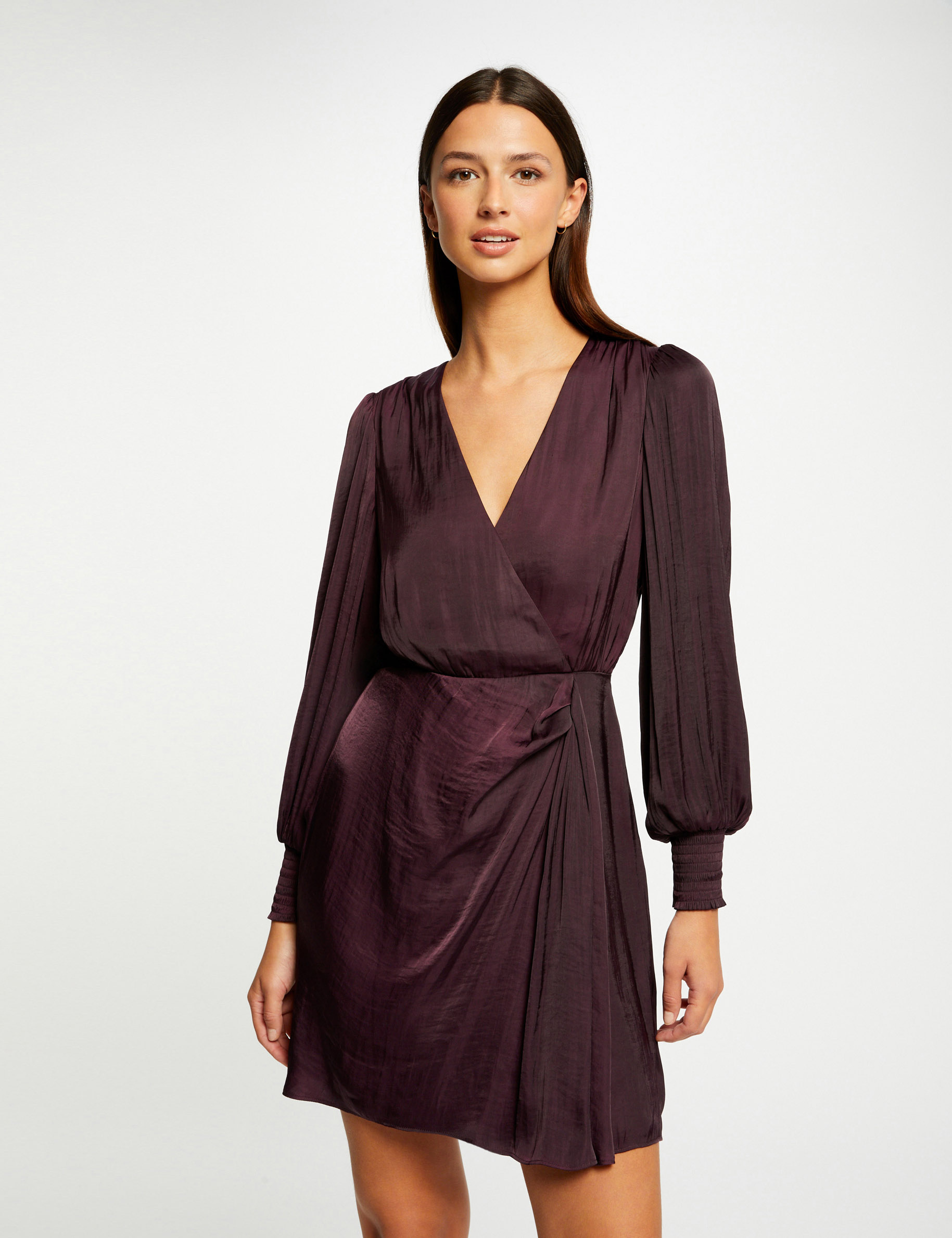 Vestido entallado drapeado de satén ciruela mujer