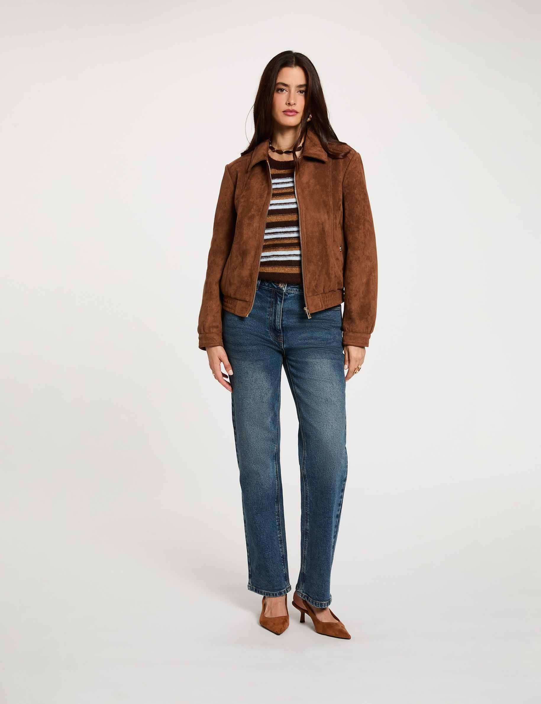 Chaqueta de antelina marr&oacute;n co&ntilde;ac mujer