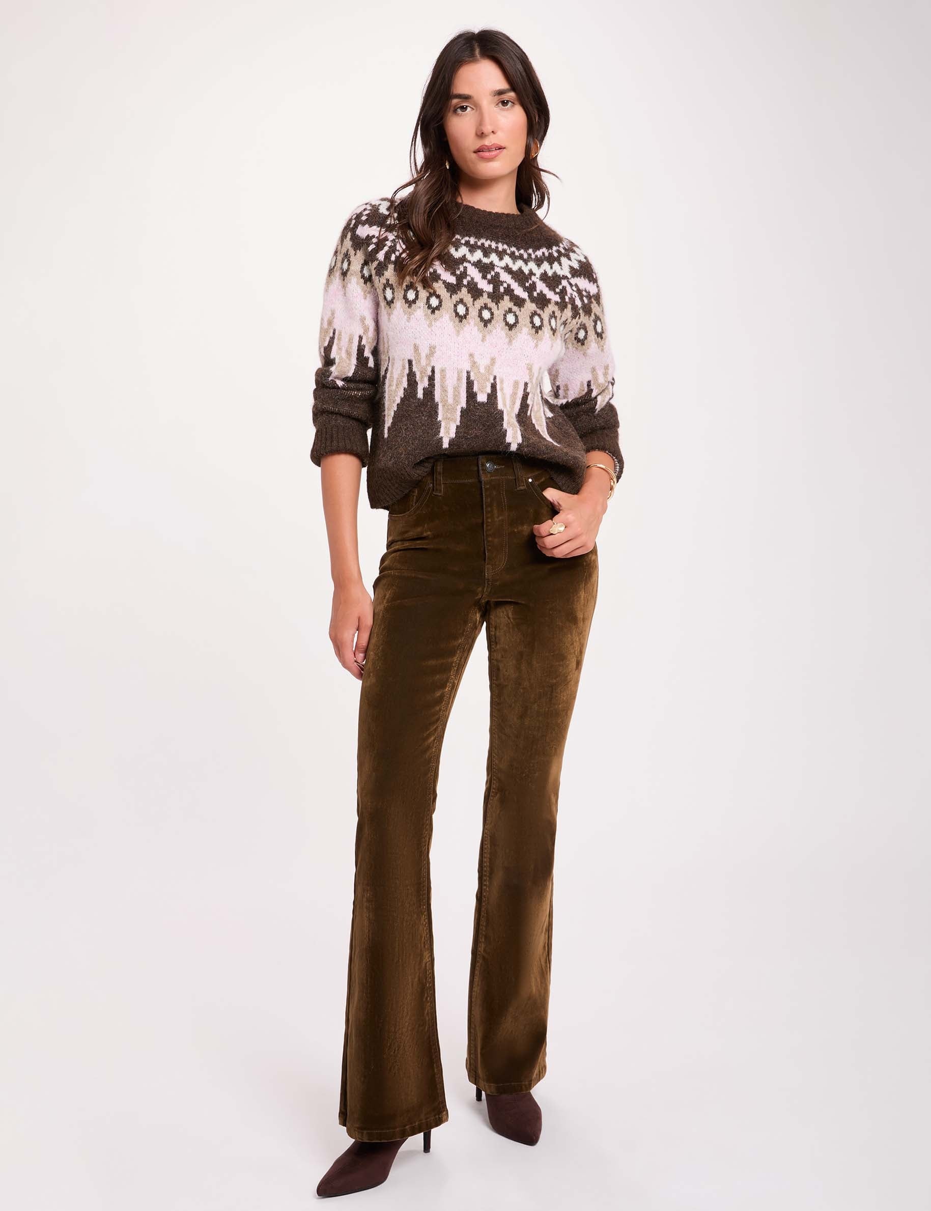 Jersey de chevron con cuello redondo marr&oacute;n oscuro mujer